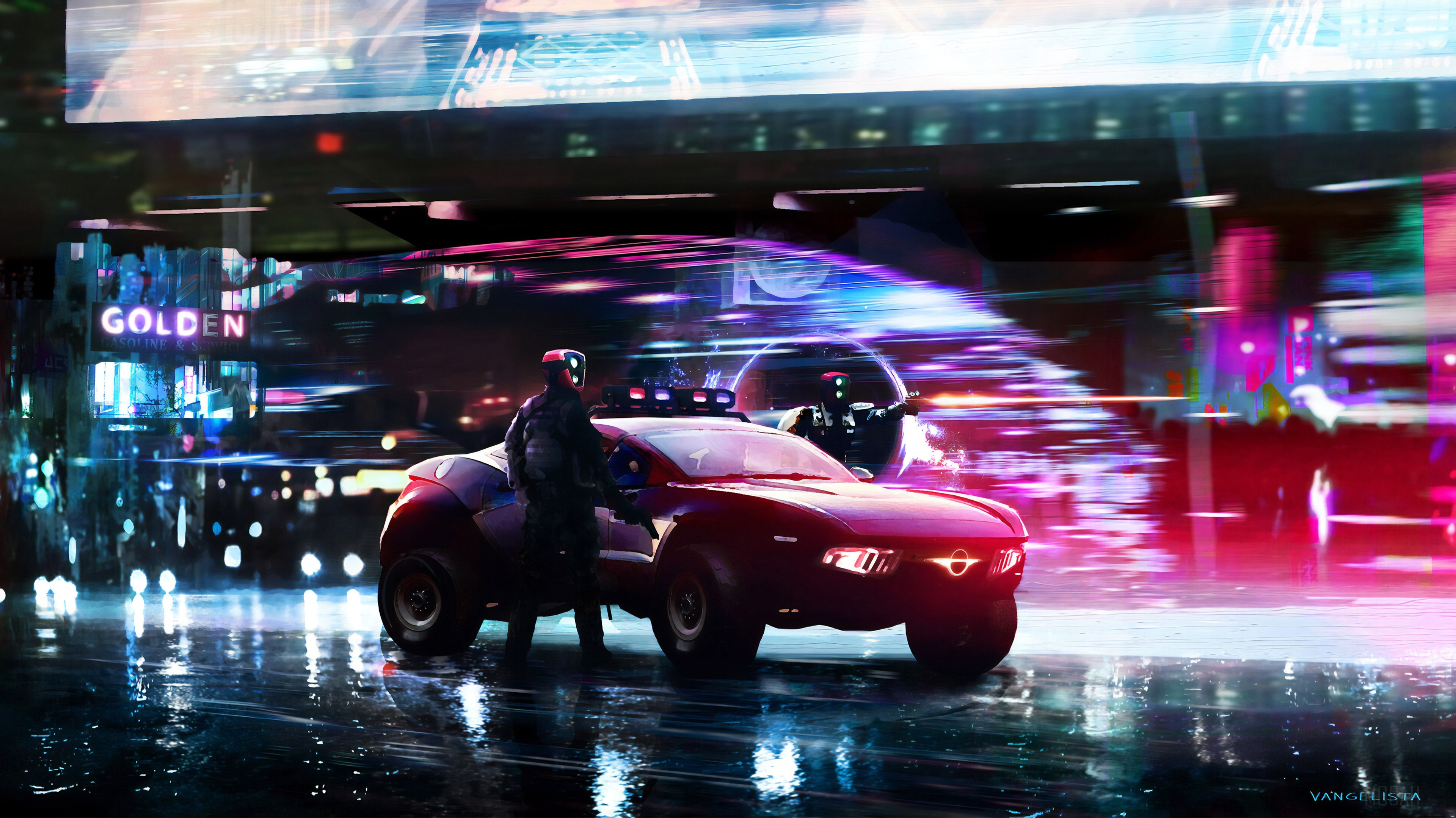 Cyberpunk Police Car with Officer in Neon City 4K HD Wallpaper