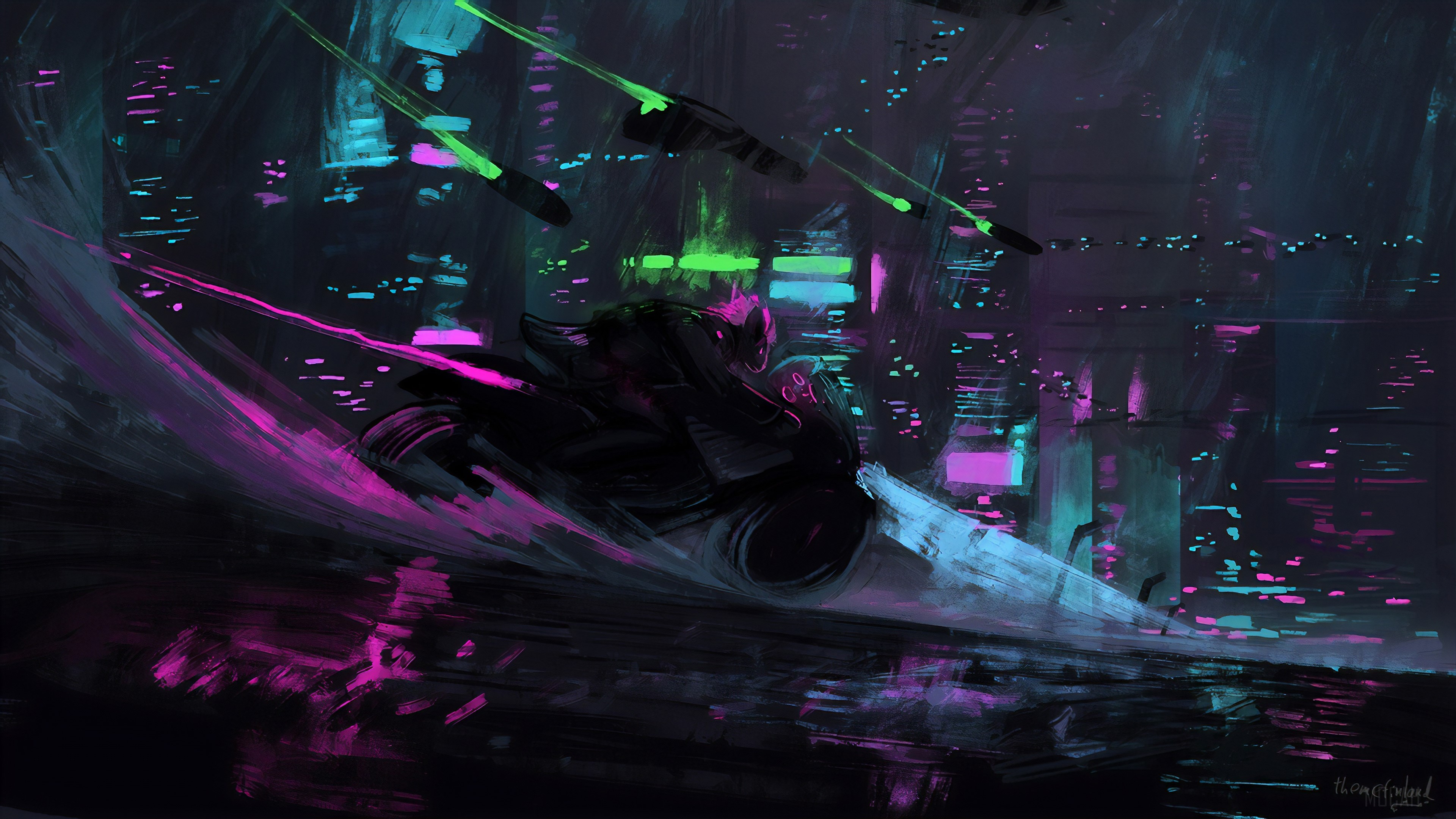 Motorcyclist in a neon-lit cyberpunk city HD Wallpaper