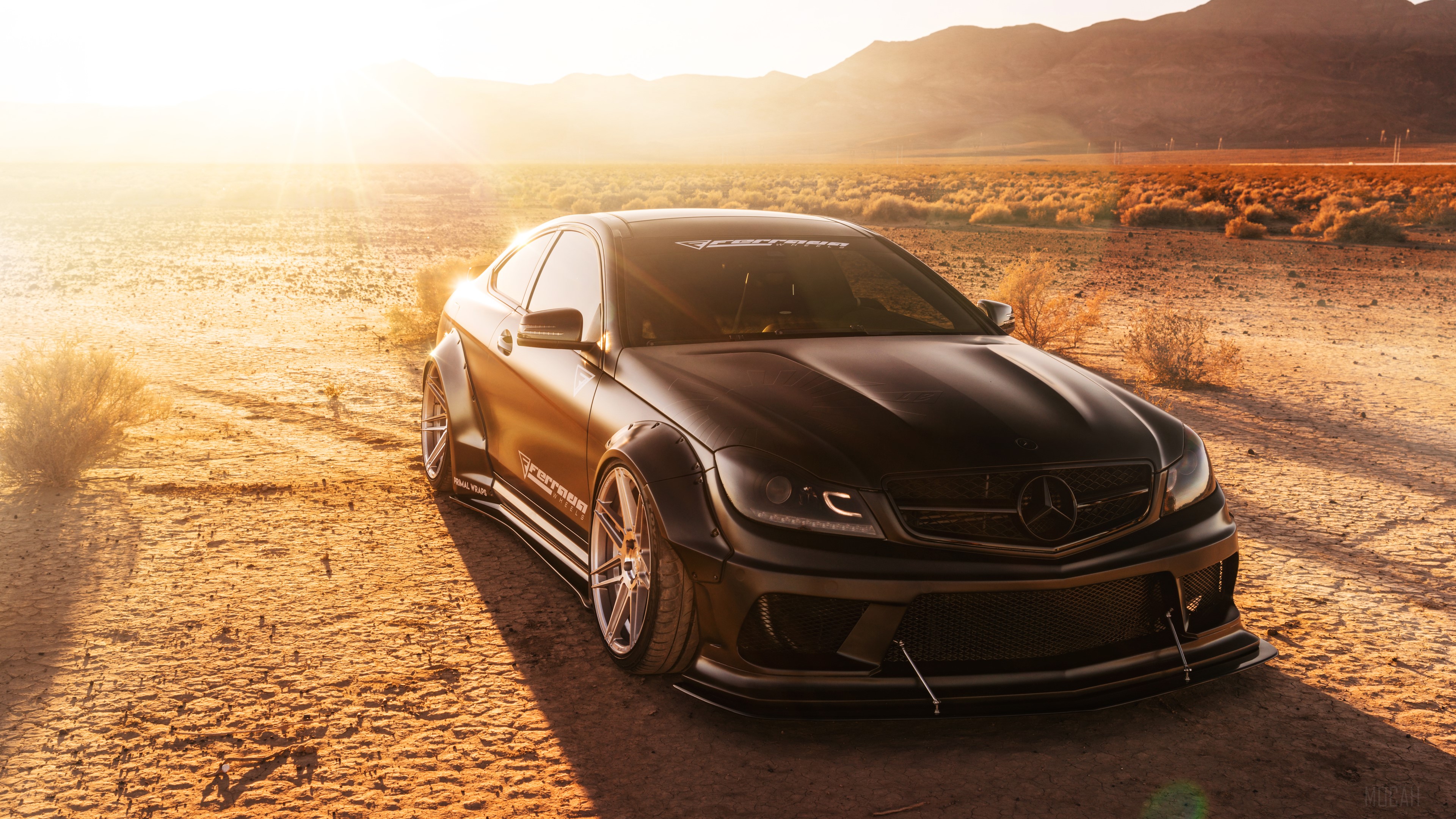 Matte black Mercedes-Benz C-Class Coupe by Ferrada 4K HD Wallpaper