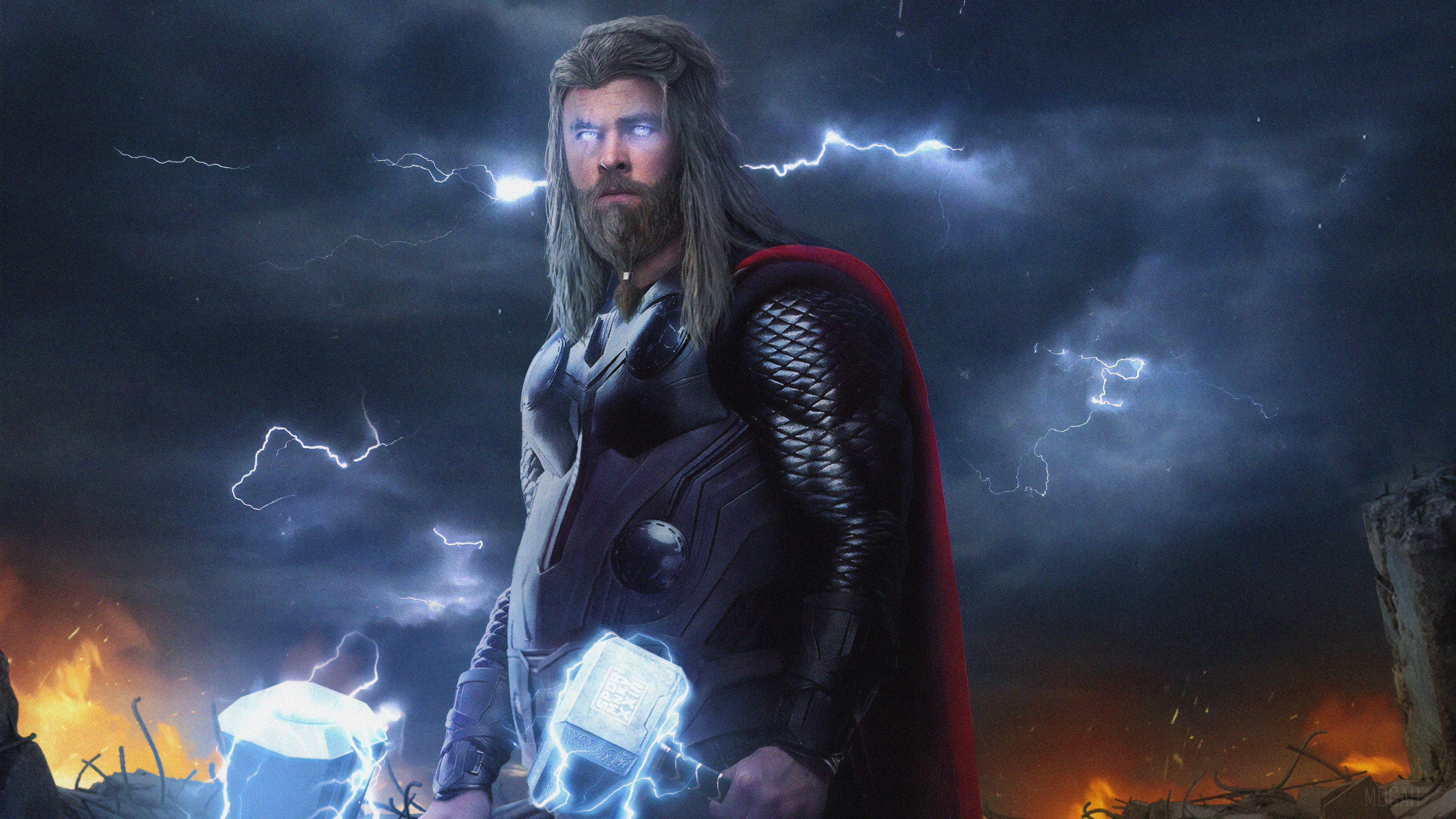 Thor from Marvel with Mjolnir and lightning HD Wallpaper