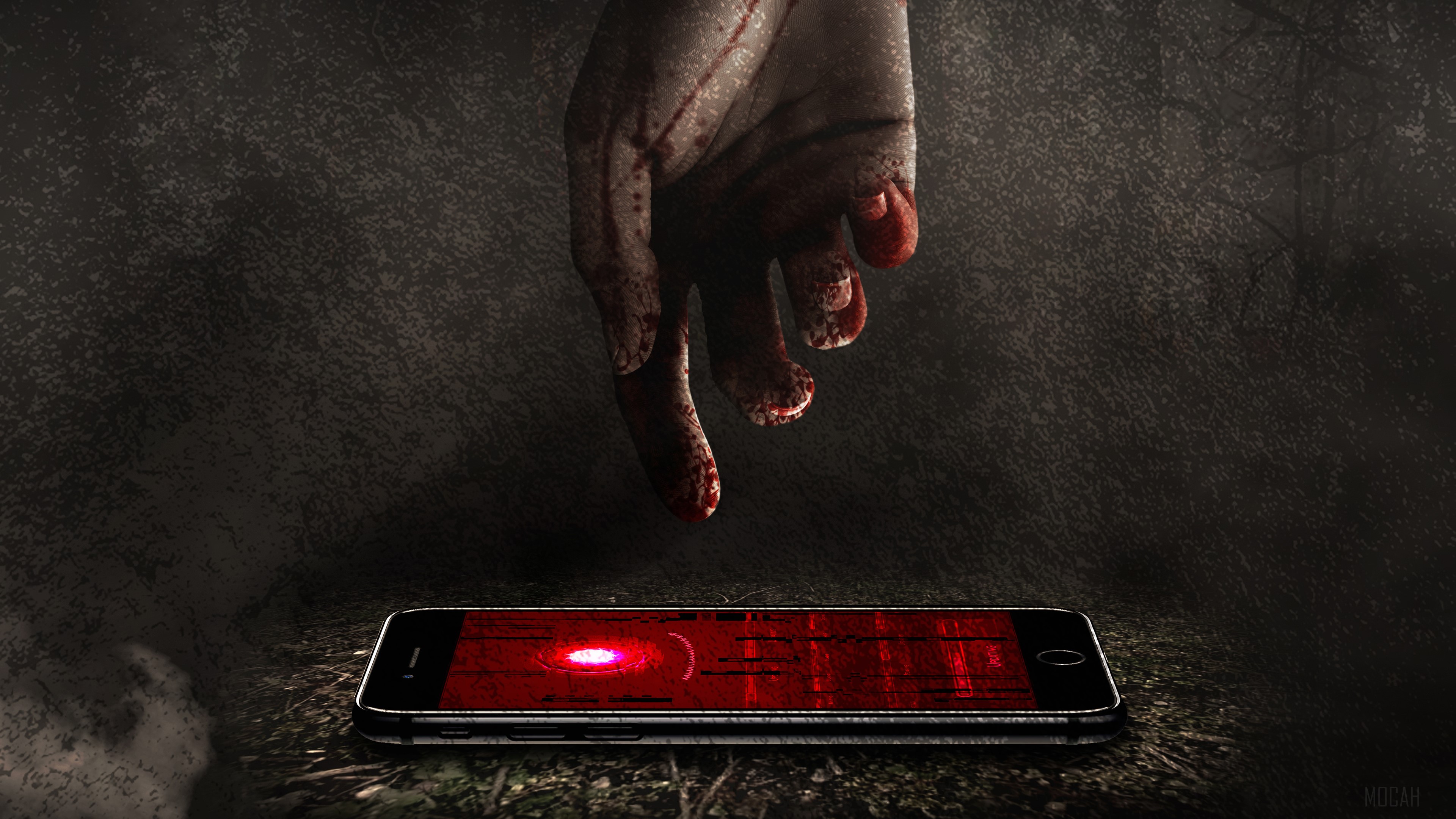 Bloody hand reaching for a smartphone with red screen HD Wallpaper