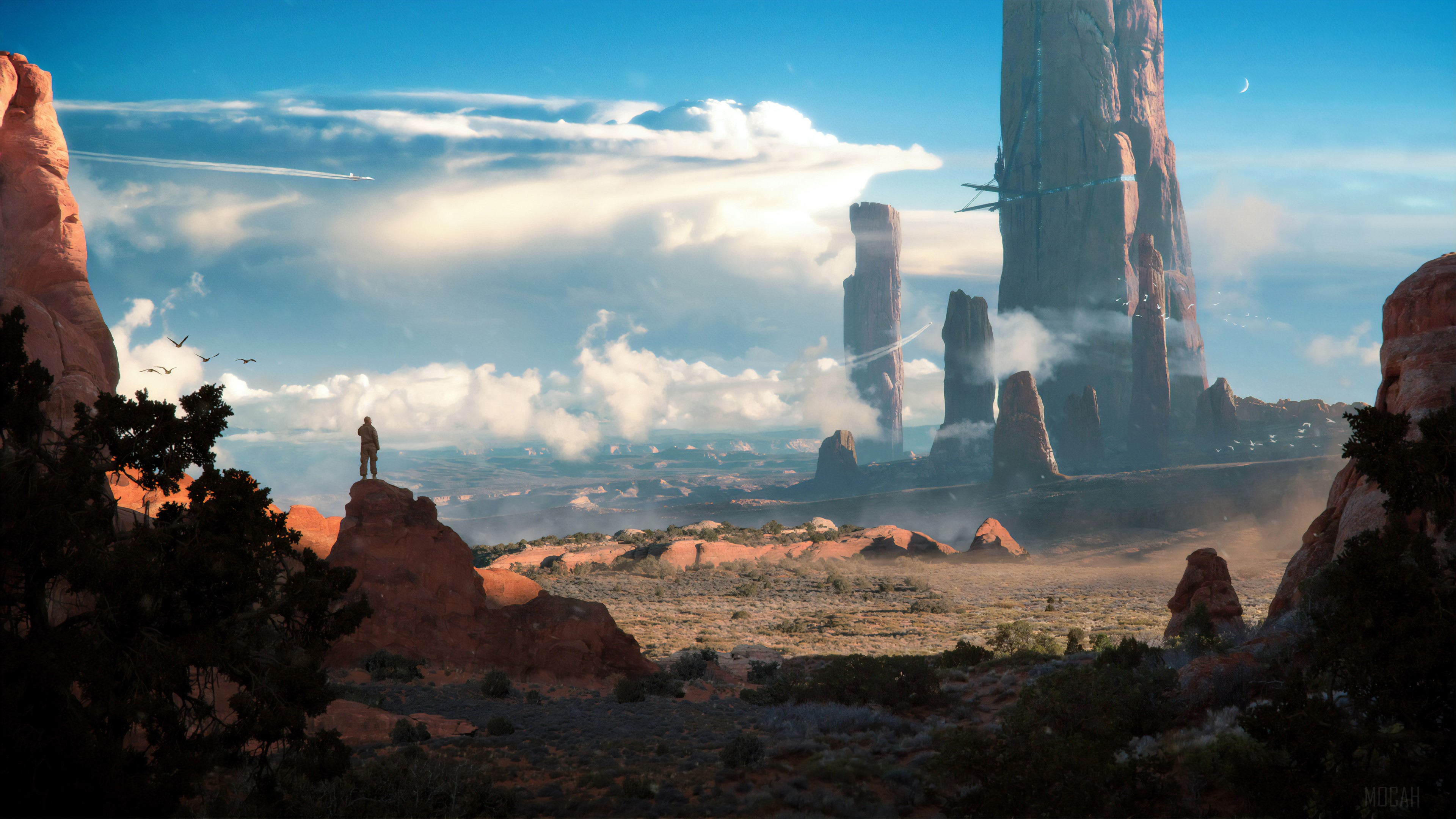 Sci-fi landscape with towering rock formations and a lone figure HD Wallpaper