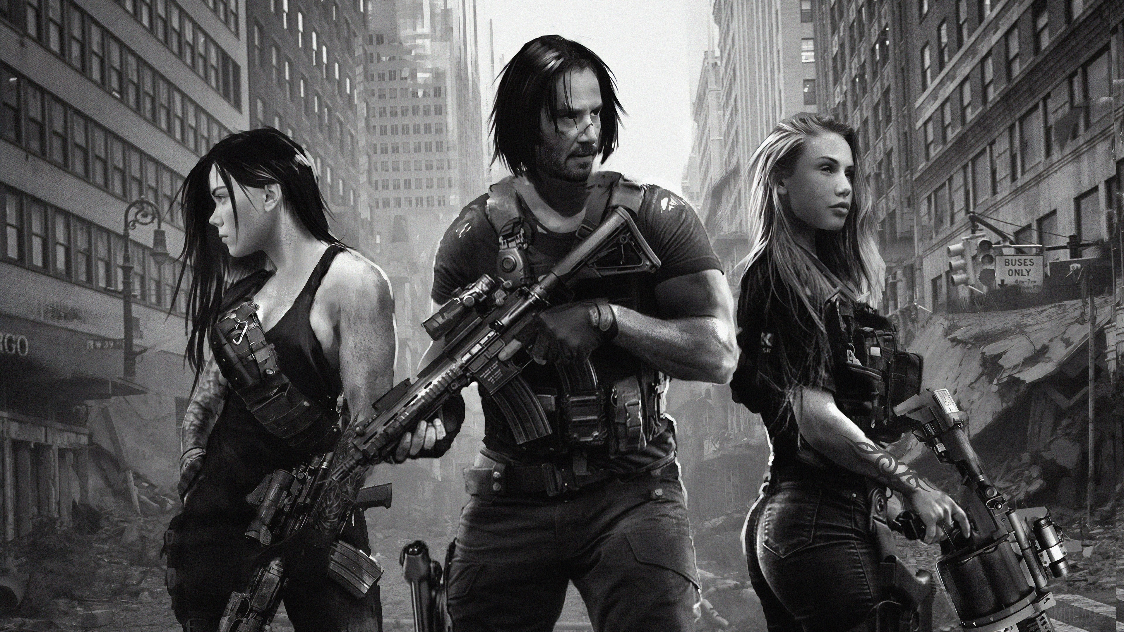 Three armed individuals in a destroyed city HD Wallpaper
