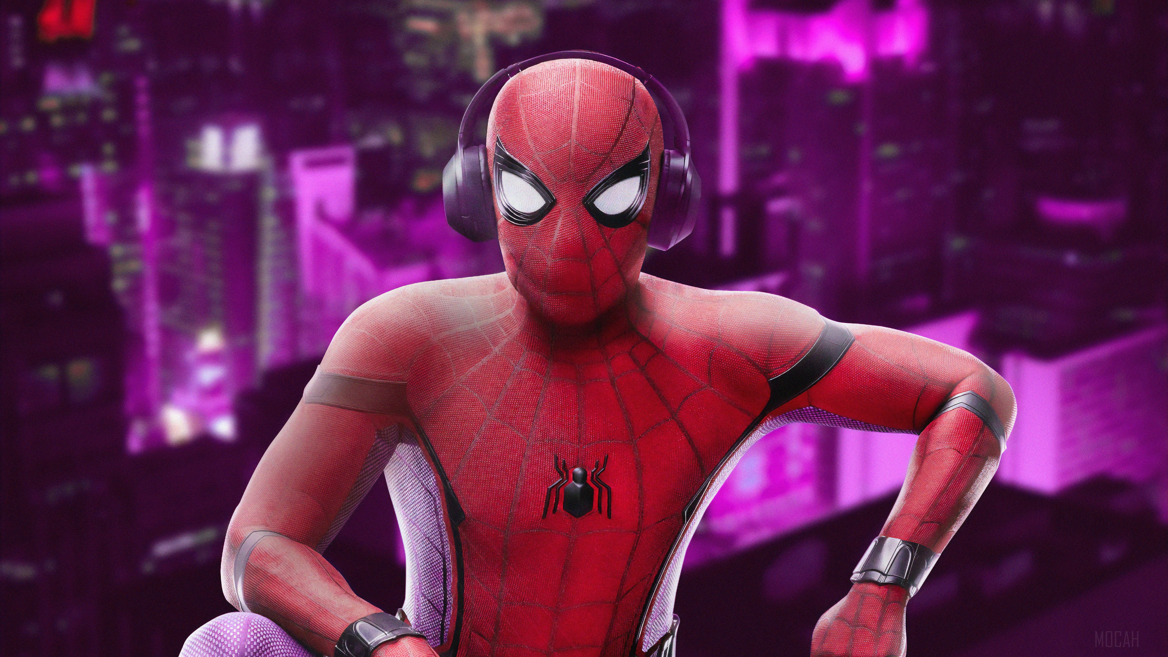 Spiderman Listening to Music in Neon City 4K HD Wallpaper