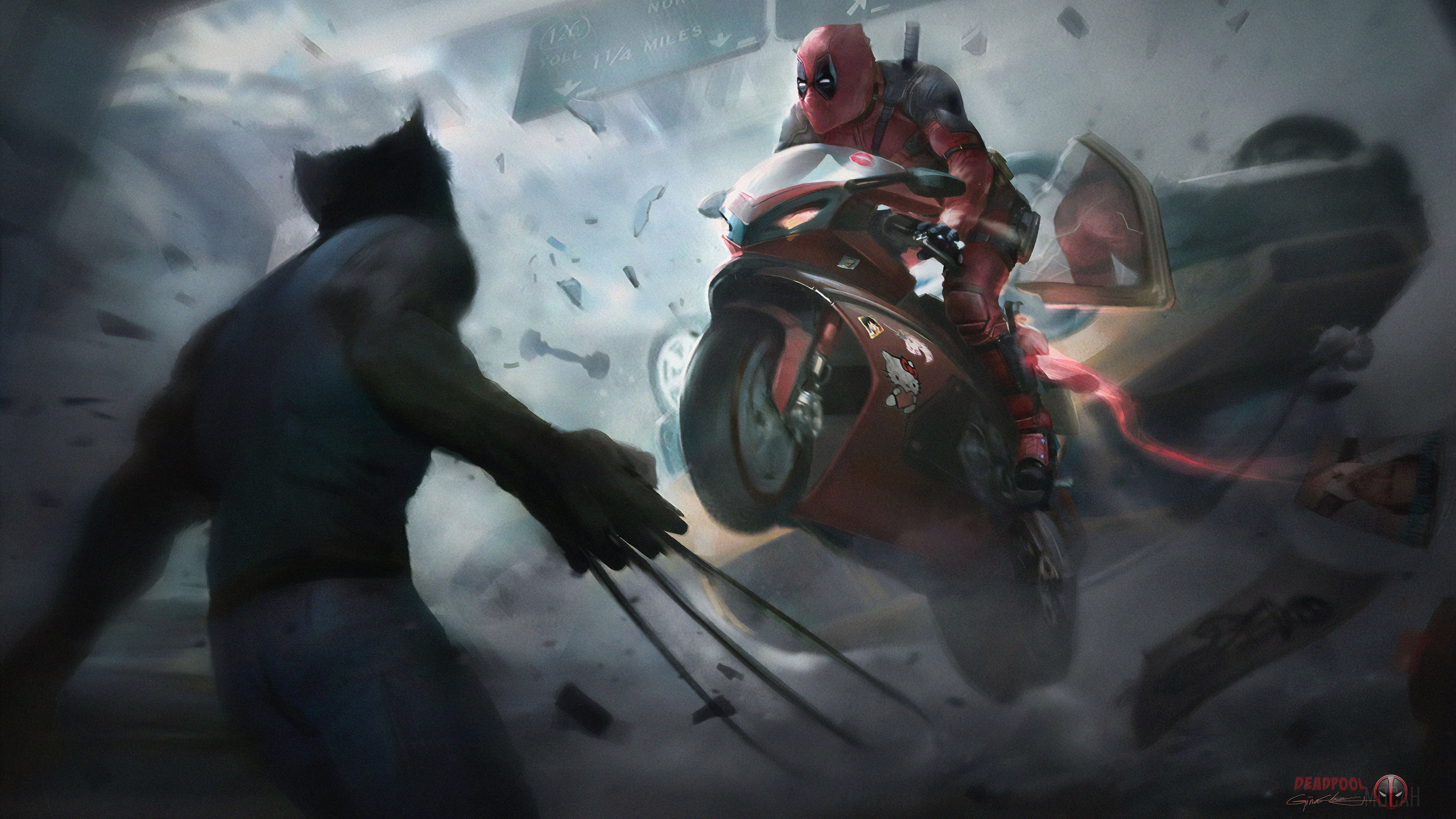Deadpool on a Super Bike fighting Wolverine HD Wallpaper