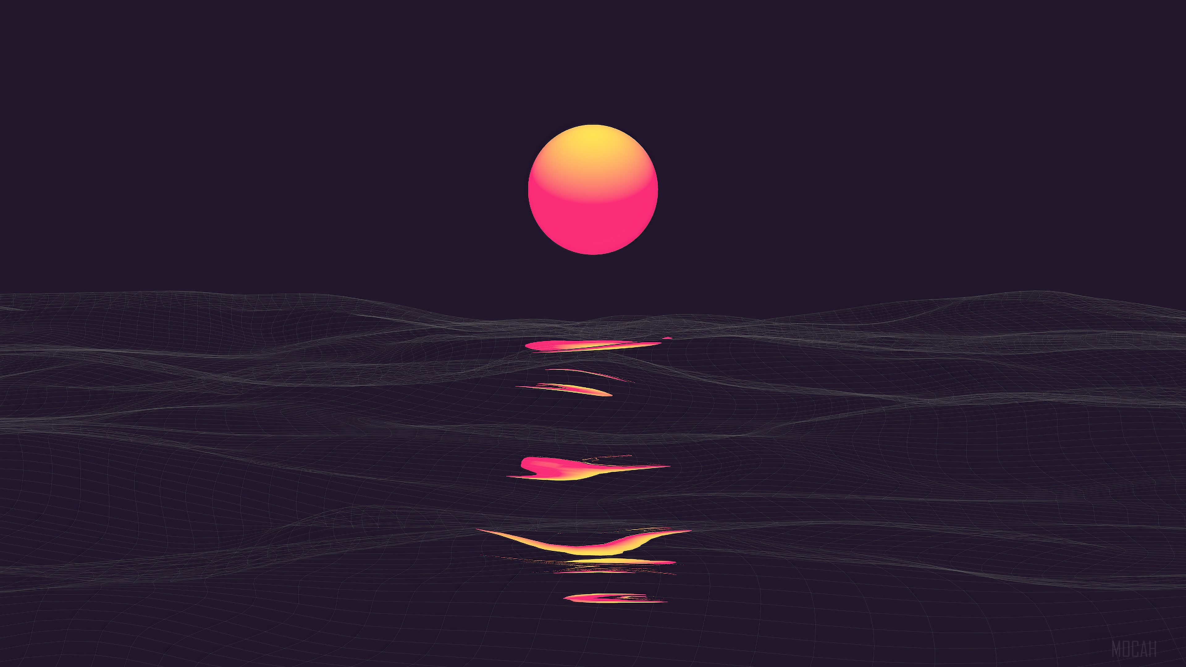 Retrowave Sunrise with Reflection in Clear Sky 4K HD Wallpaper