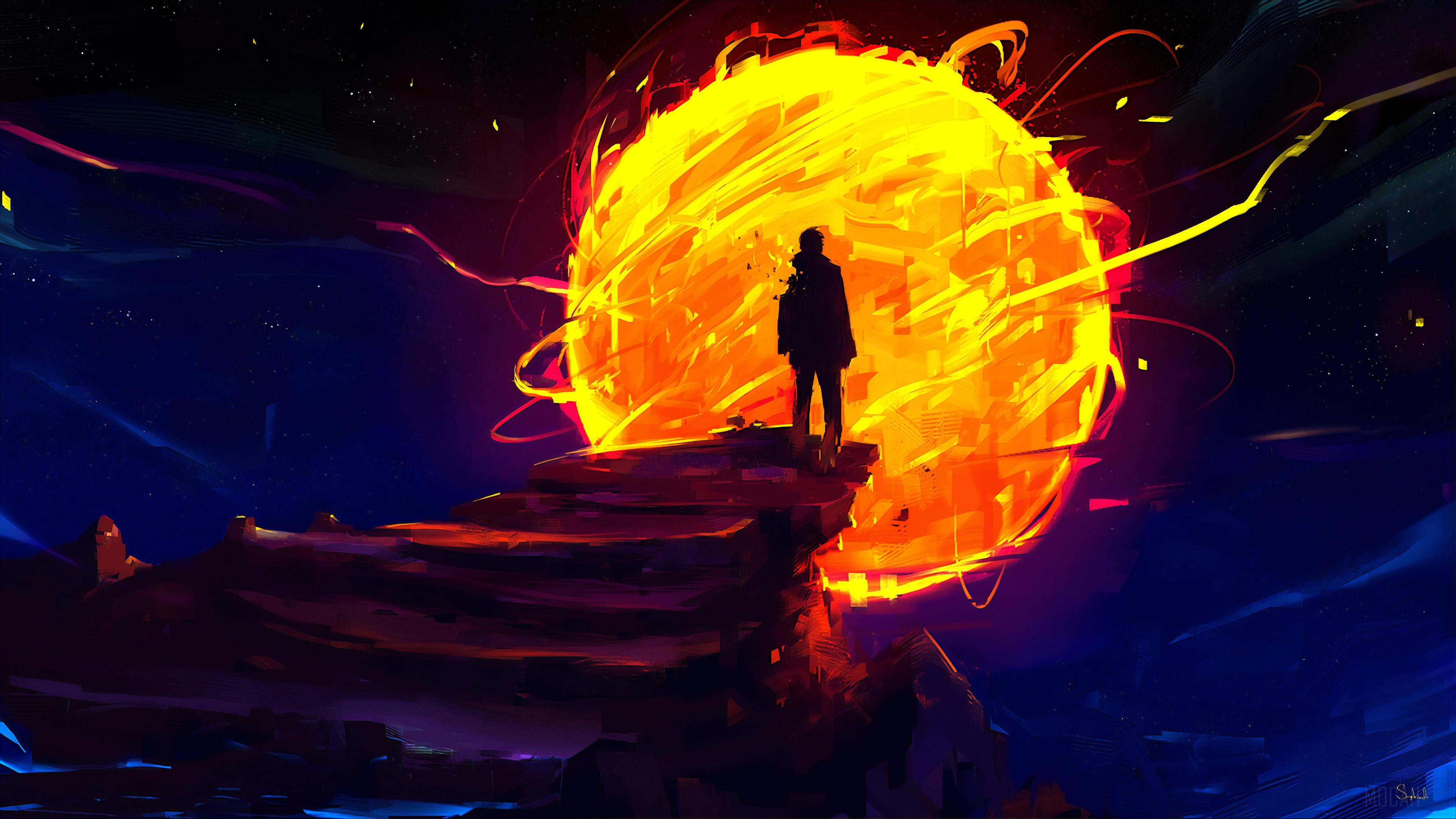 Person standing on cliff facing a giant sun HD Wallpaper