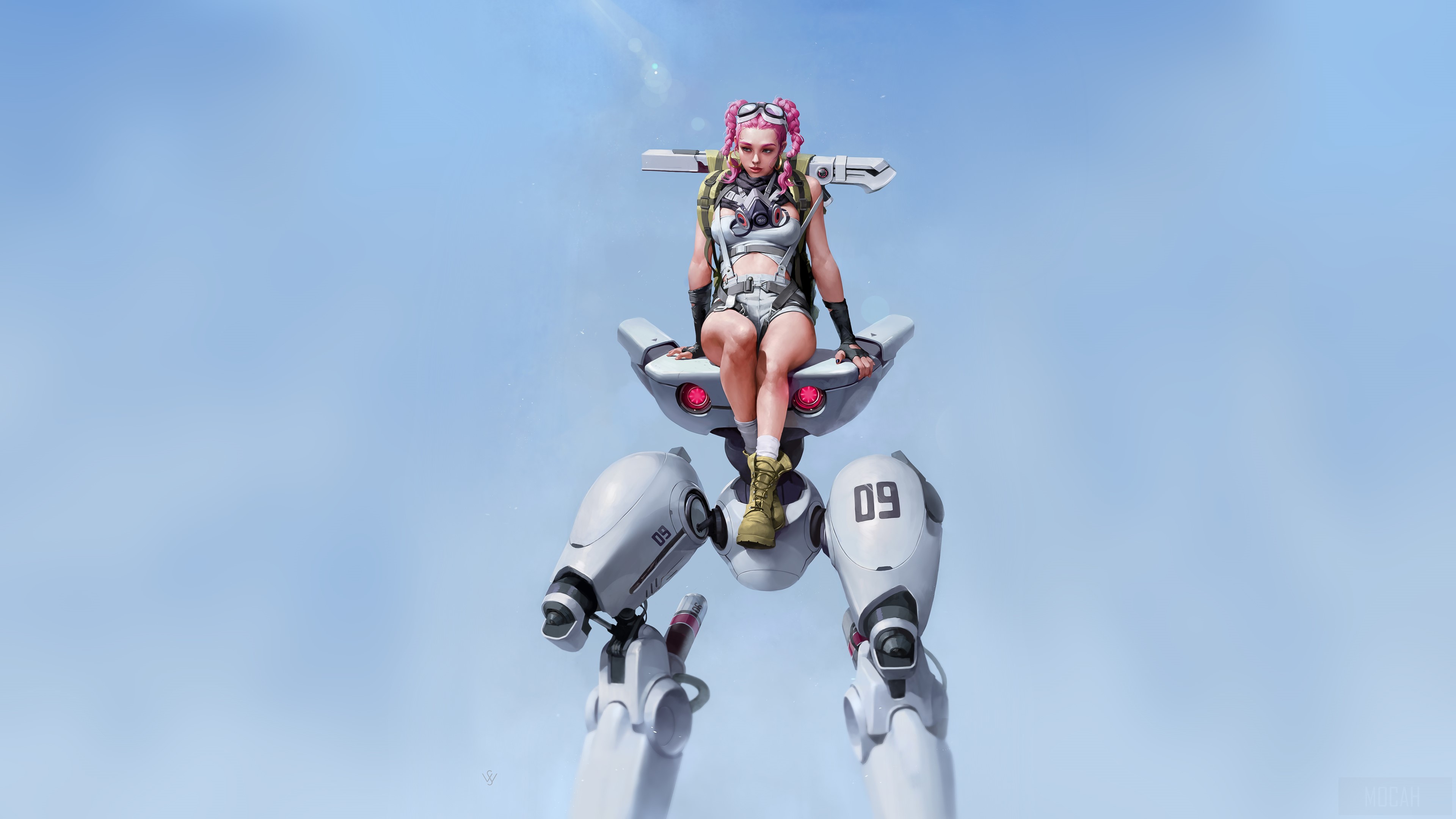 Girl with pink braided hair sitting on a robot HD Wallpaper