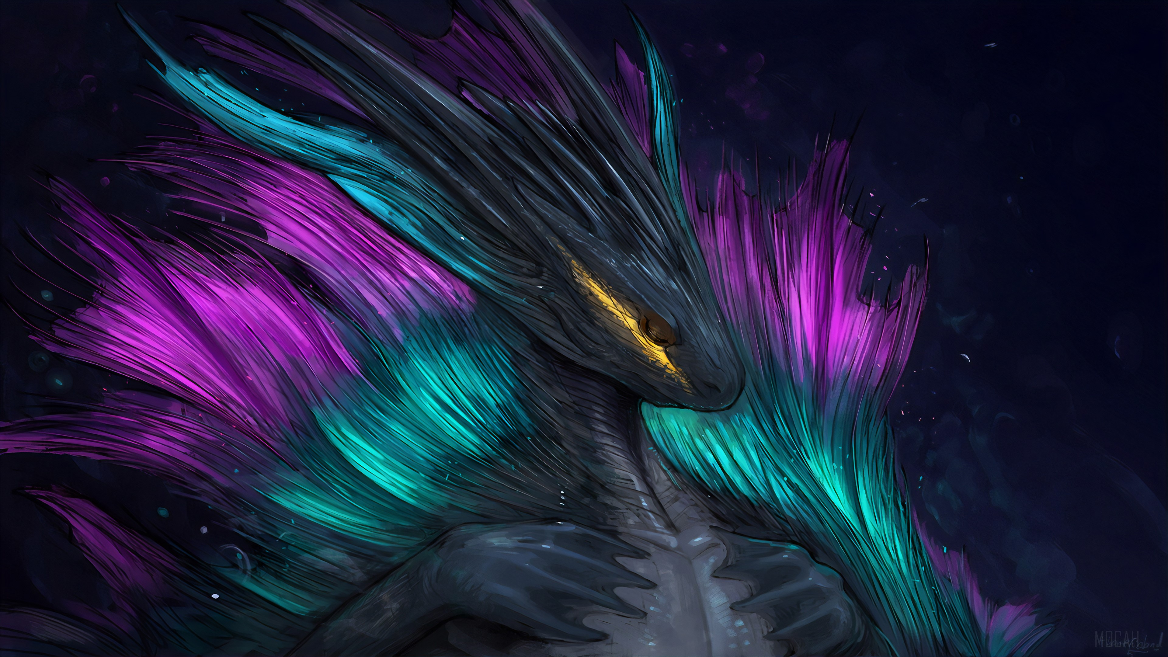 Dragon with purple and teal feathers 4K HD Wallpaper