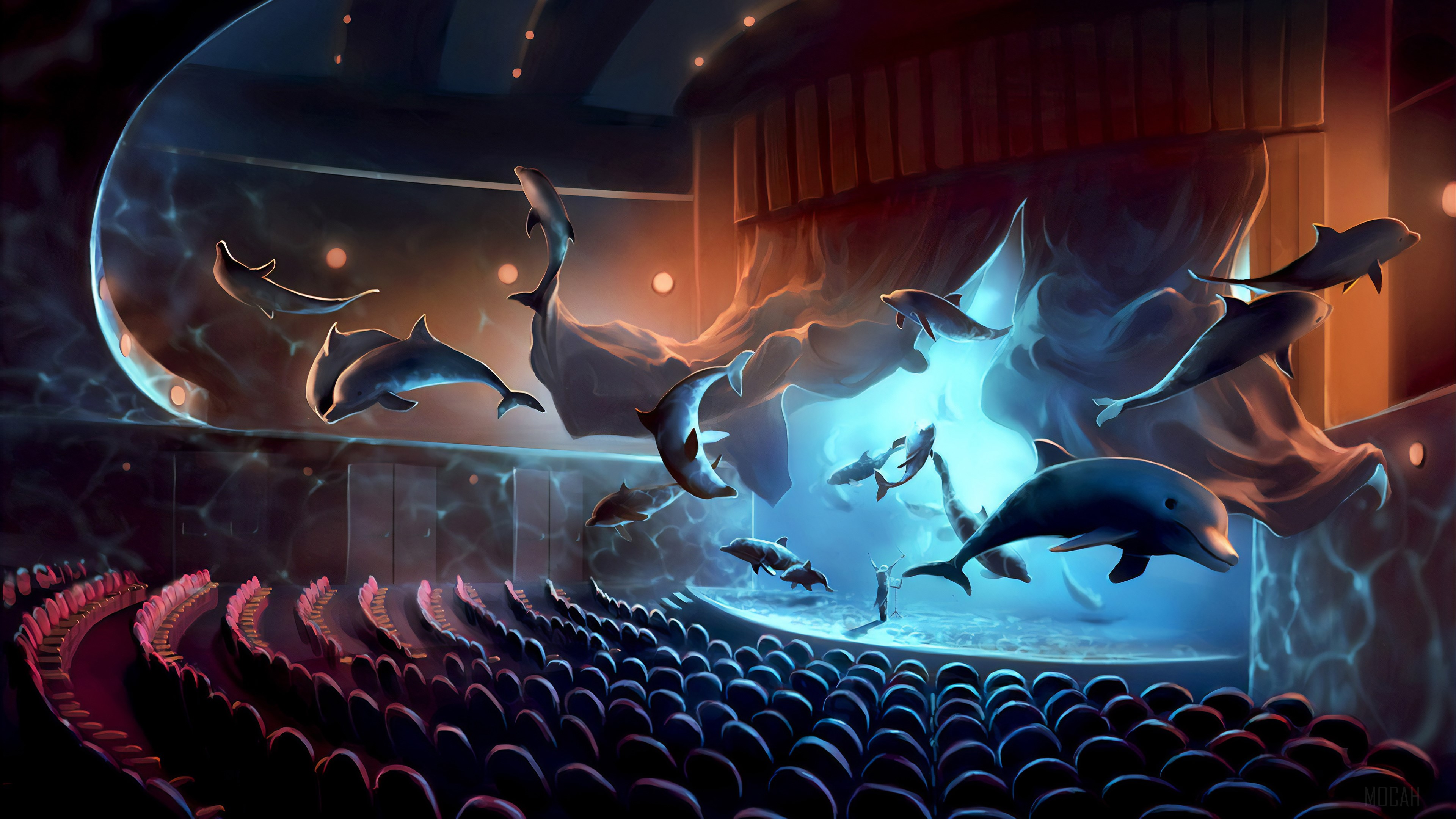 Dolphins performing in a theater 4K HD Wallpaper
