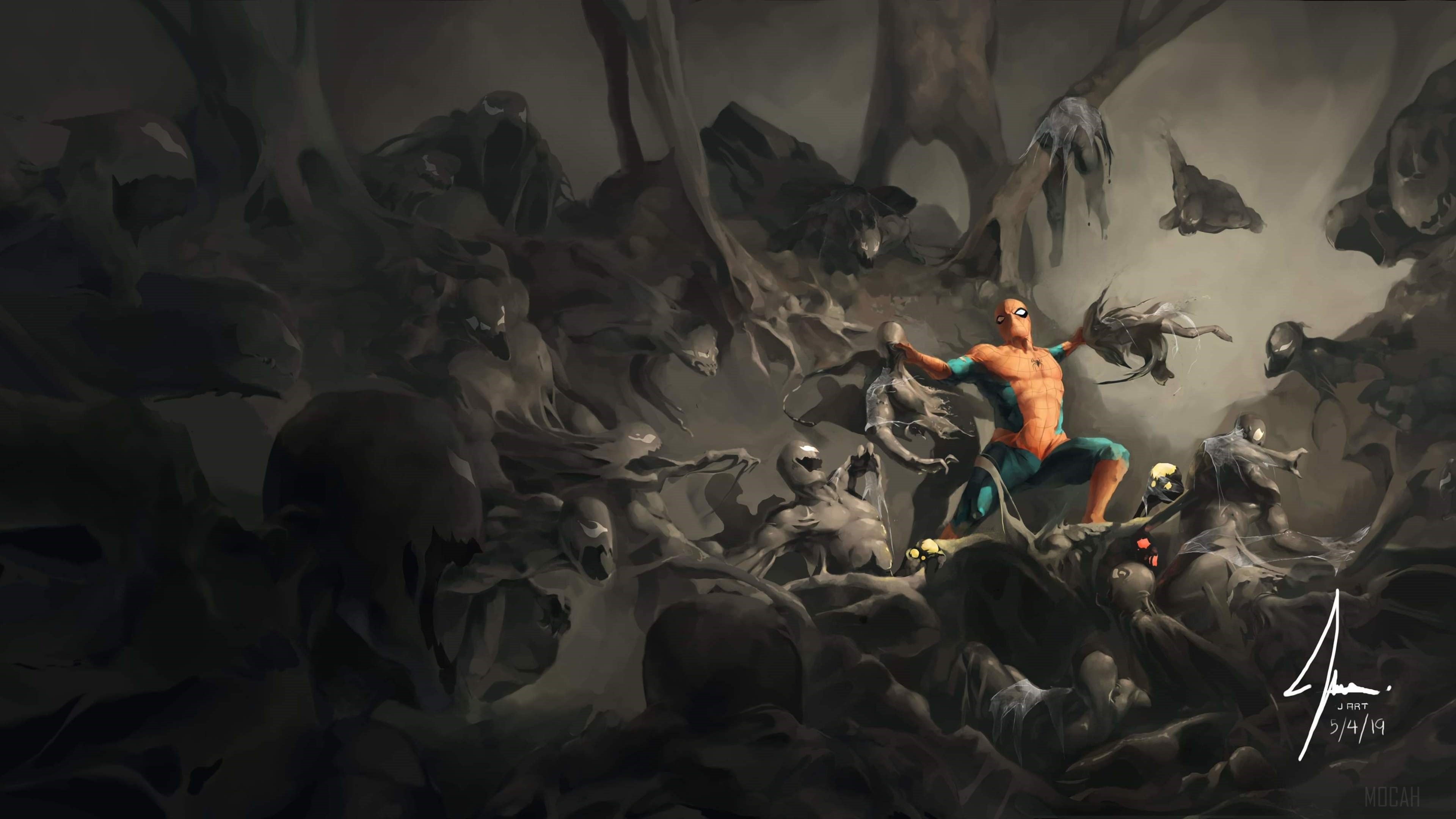 Spider-Man fighting Symbiotes in a dark environment 4K HD Wallpaper