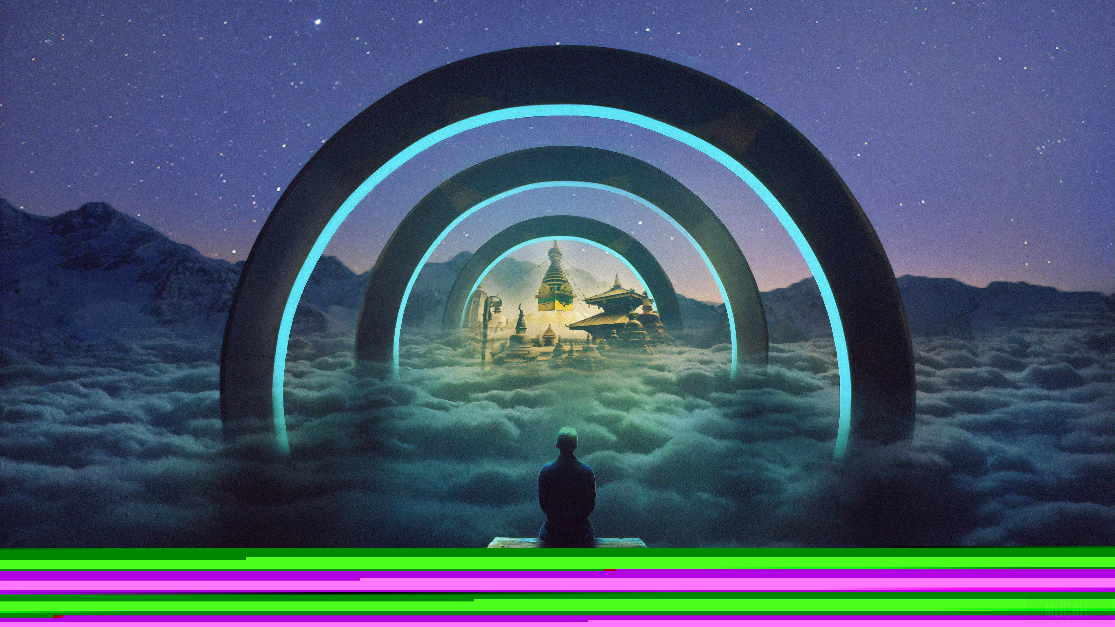 Man sitting on a platform overlooking a Buddhist temple through glowing arches HD Wallpaper