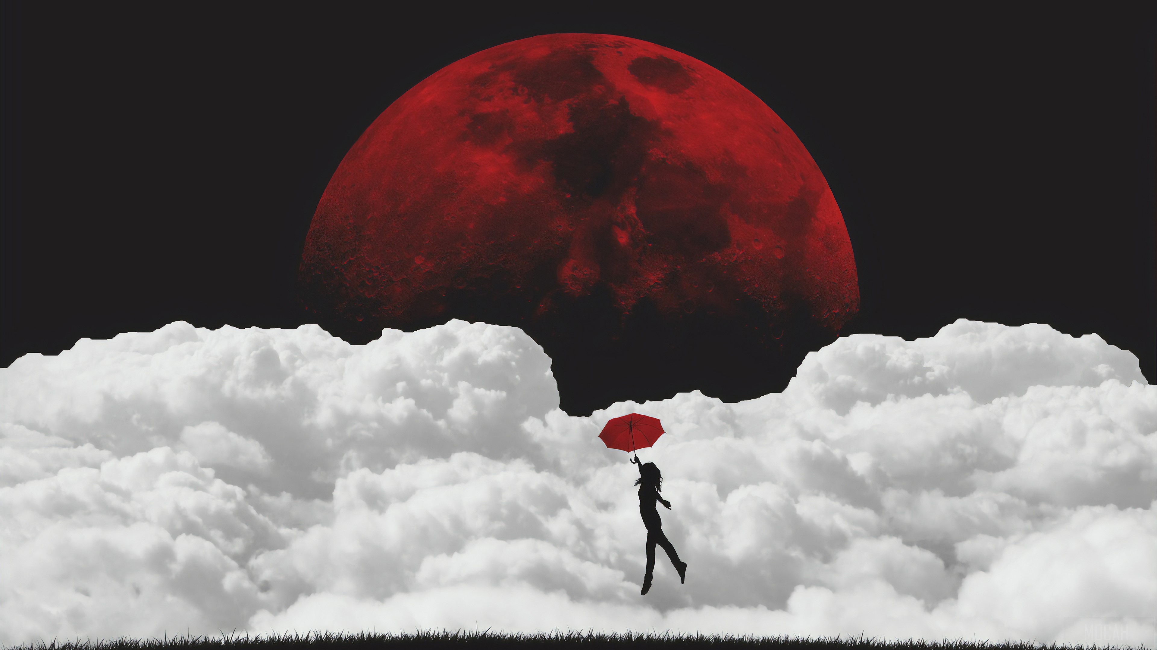 Girl with red umbrella flying towards red moon HD Wallpaper
