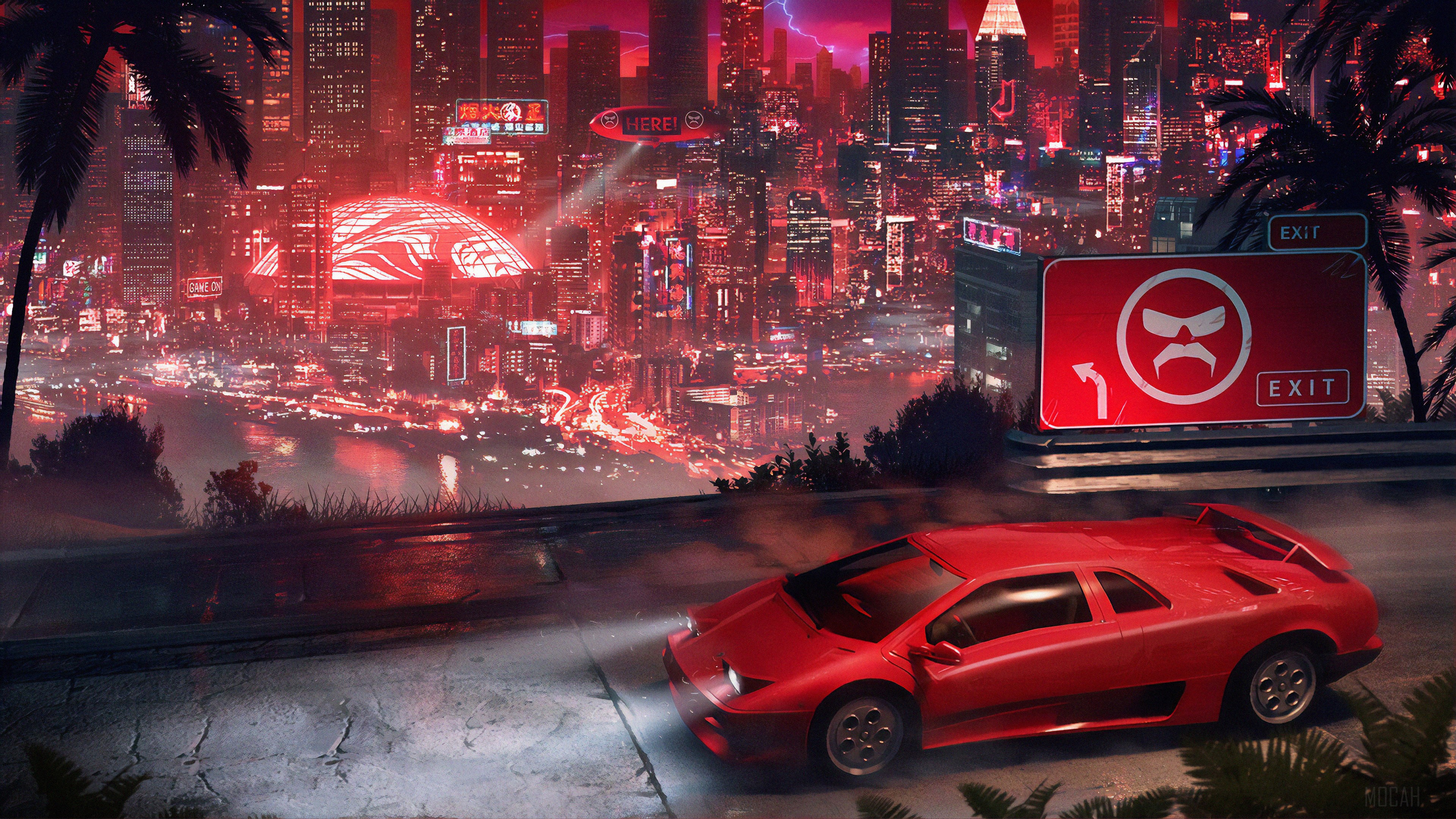 Red Lamborghini in Cyberpunk City 4K HD Wallpaper
