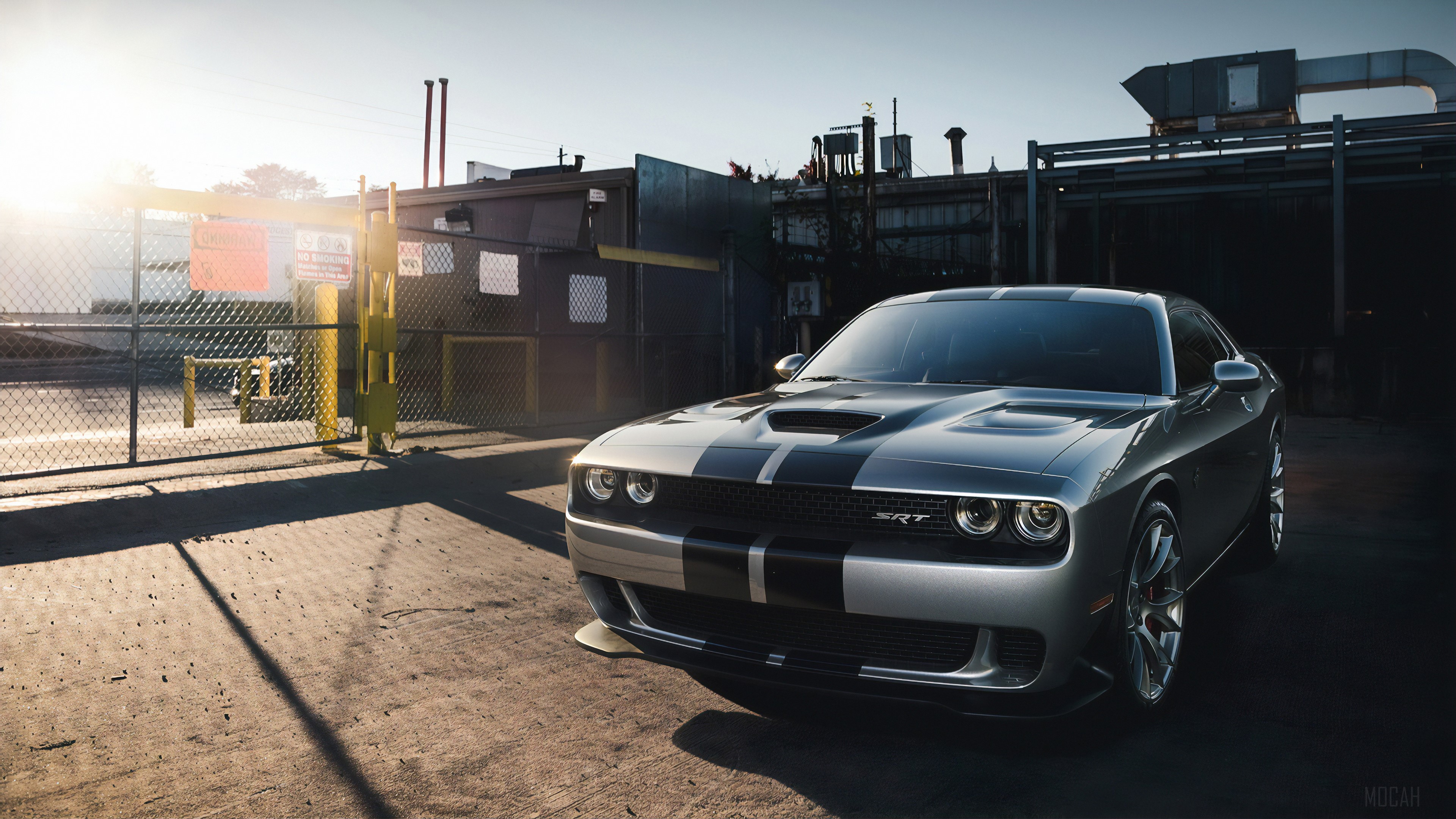 Silver Dodge Challenger SRT with racing stripes HD Wallpaper