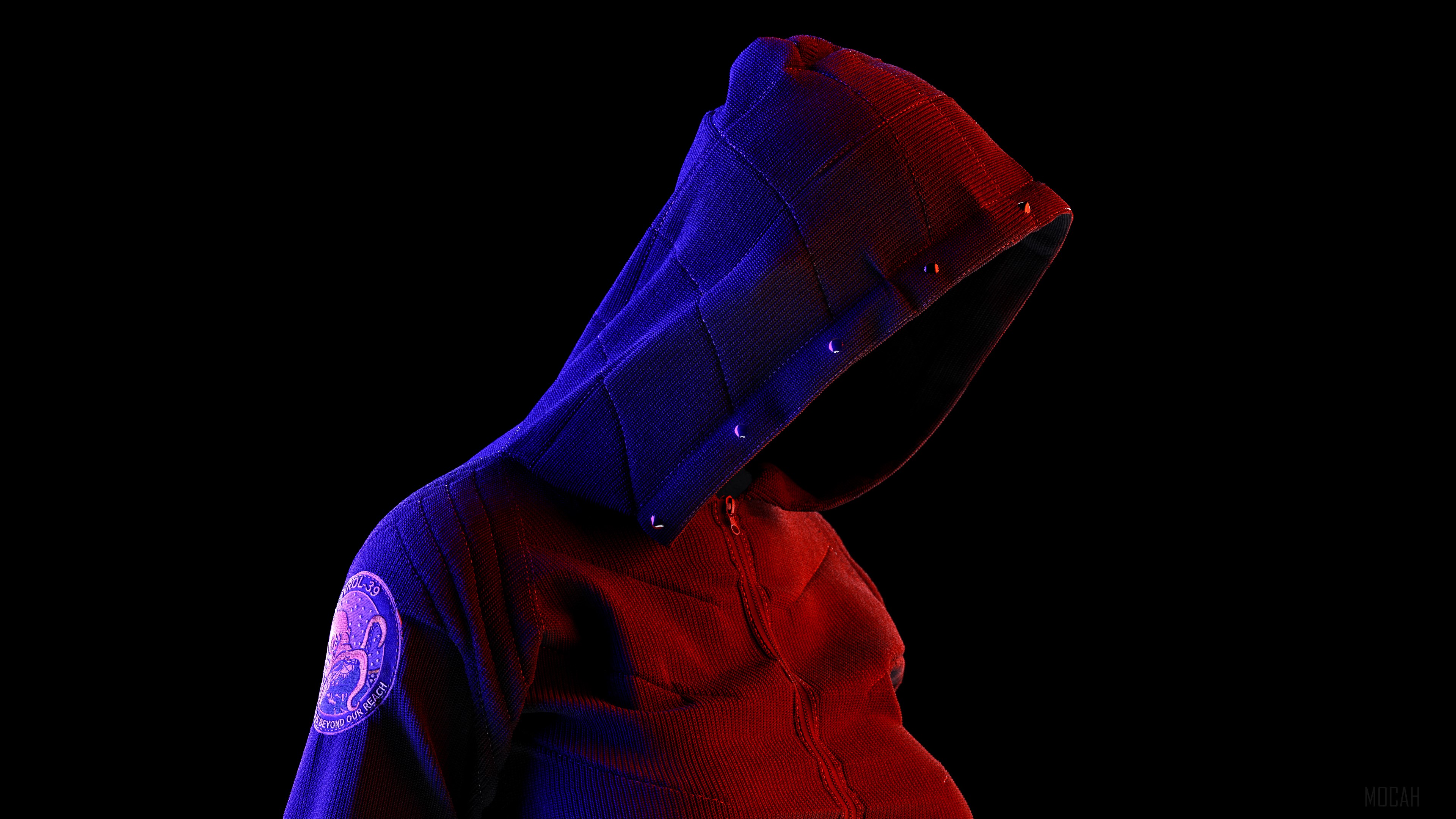 Neon Hoodie Guy in Red and Blue Lighting 4K HD Wallpaper