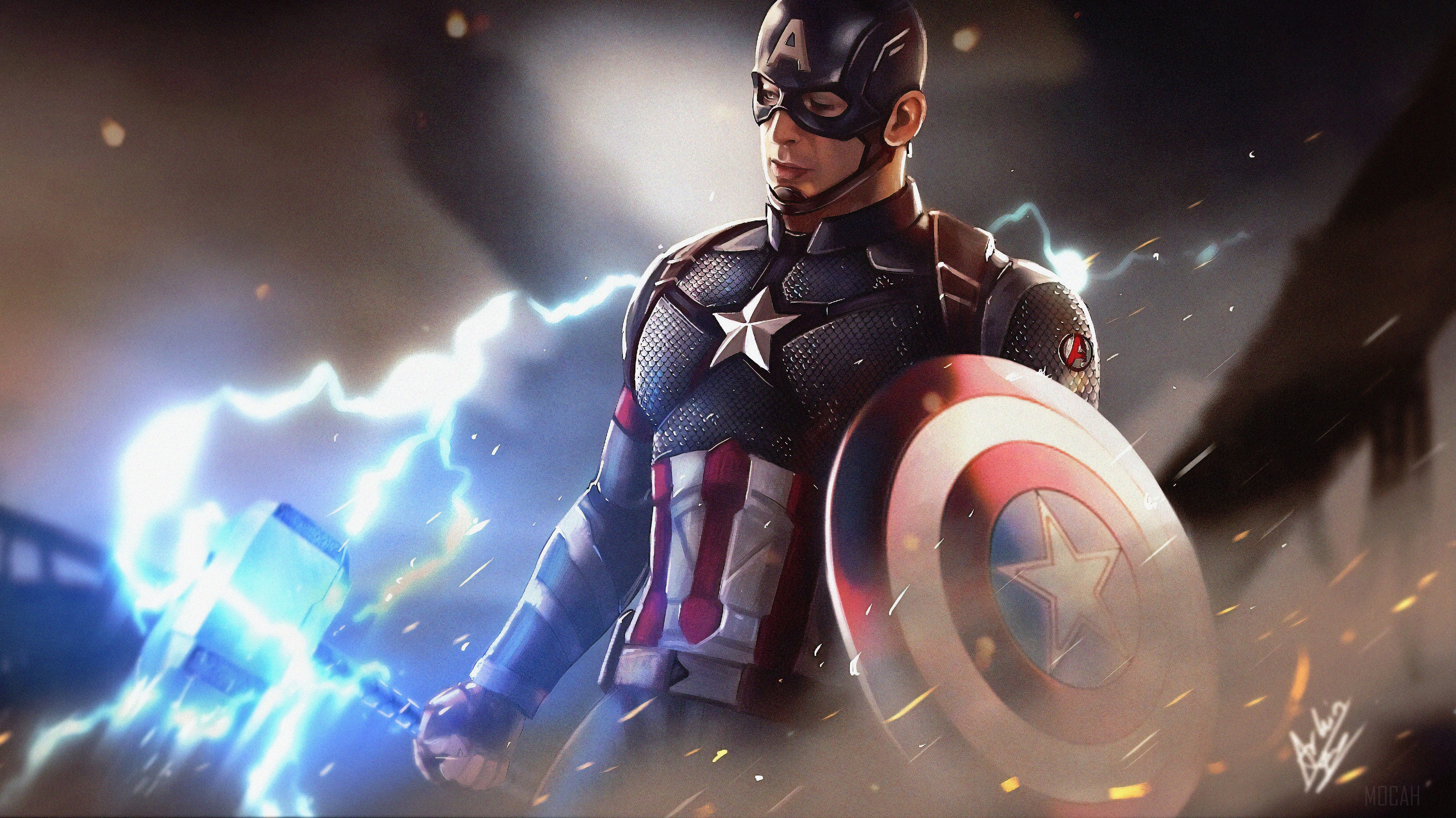 Captain America with Mjolnir and Shield 4K HD Wallpaper