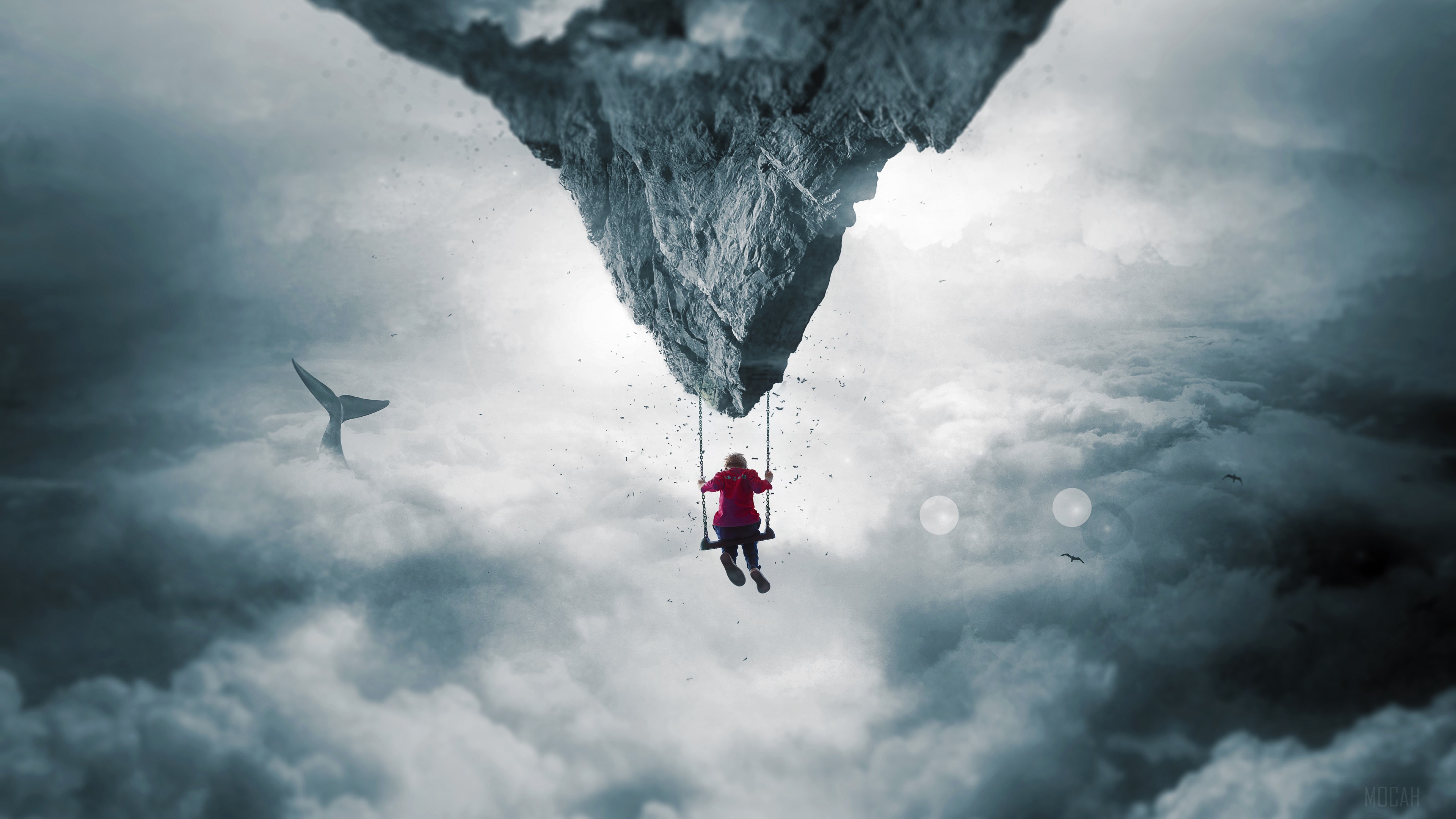 Girl on a swing under a floating island HD Wallpaper