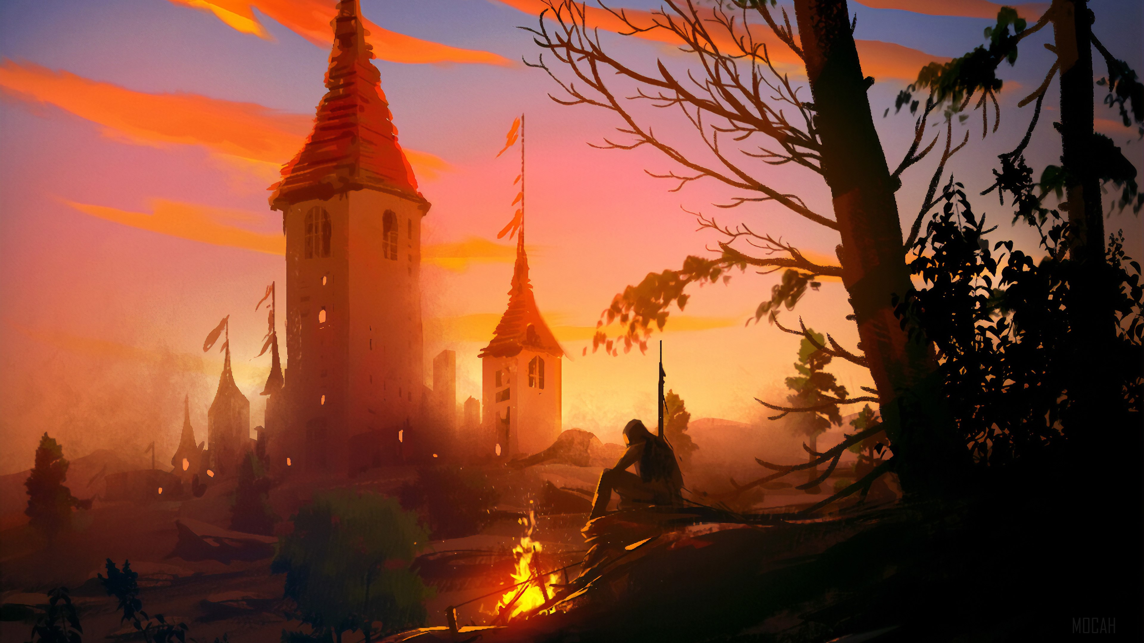 Man by castle ruins at sunset 4K HD Wallpaper