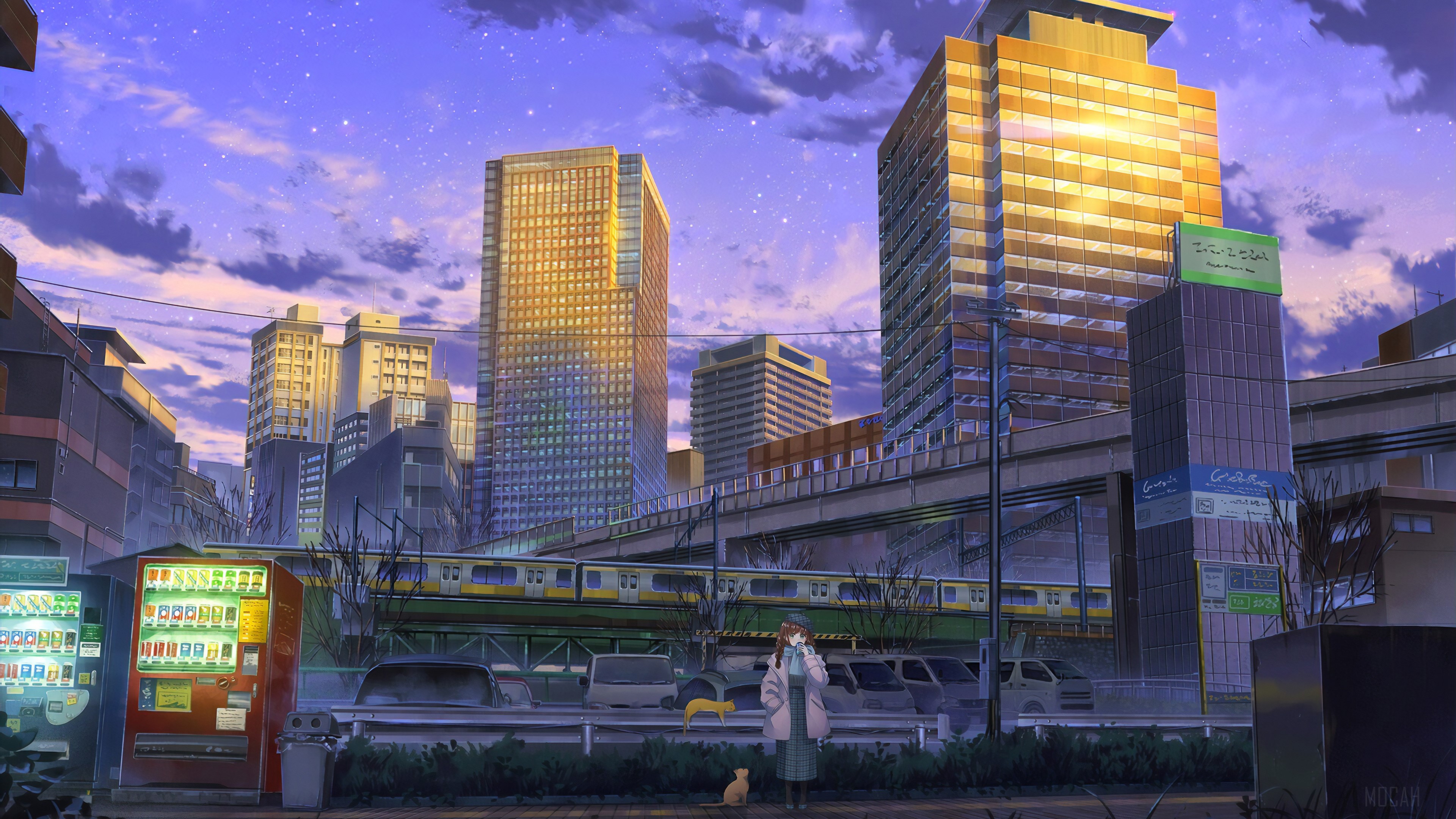 Anime Girl and Cats in Cityscape at Dusk 4K HD Wallpaper
