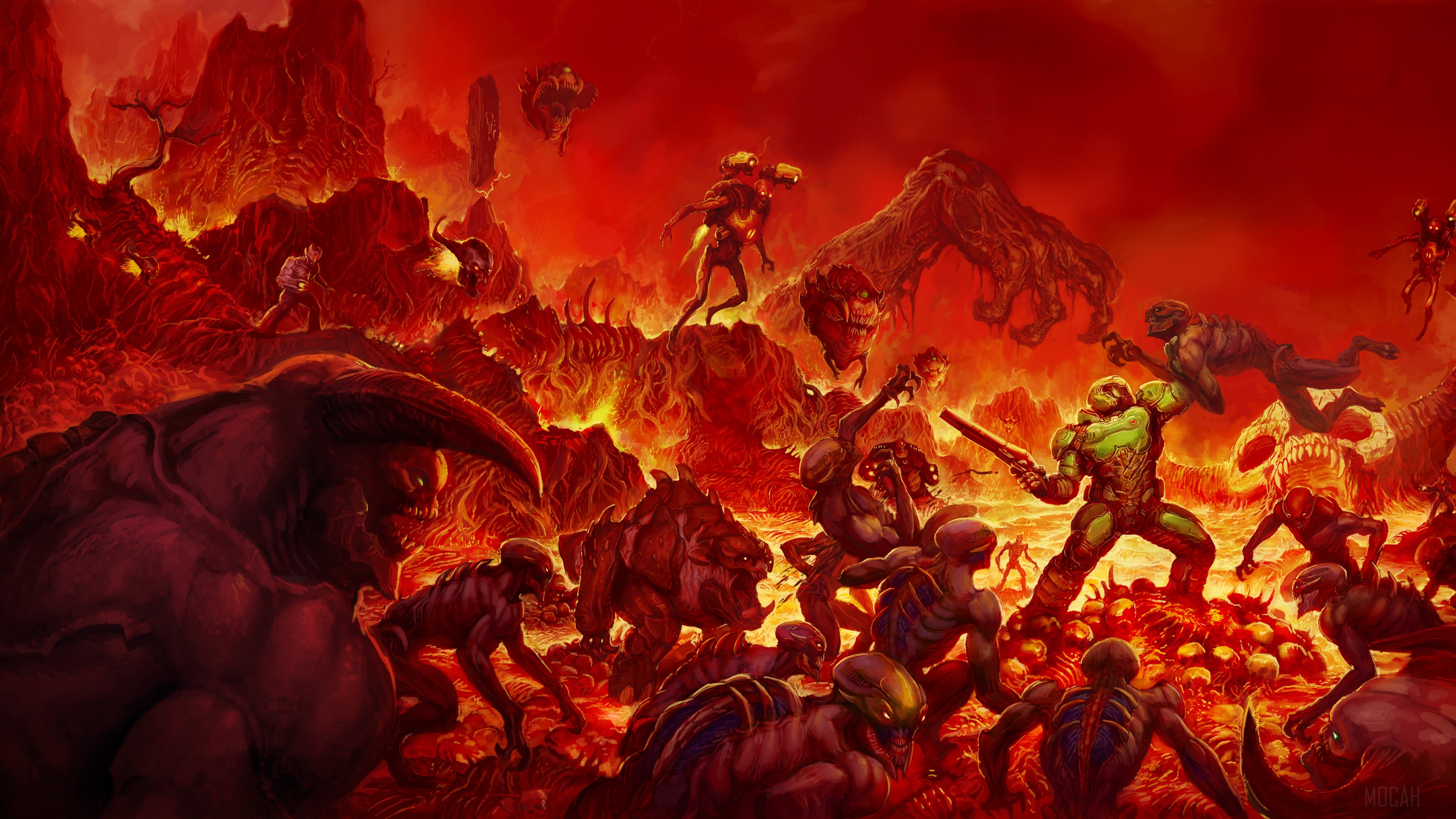 Doom Slayer fighting demons in hell 4K HD Wallpaper