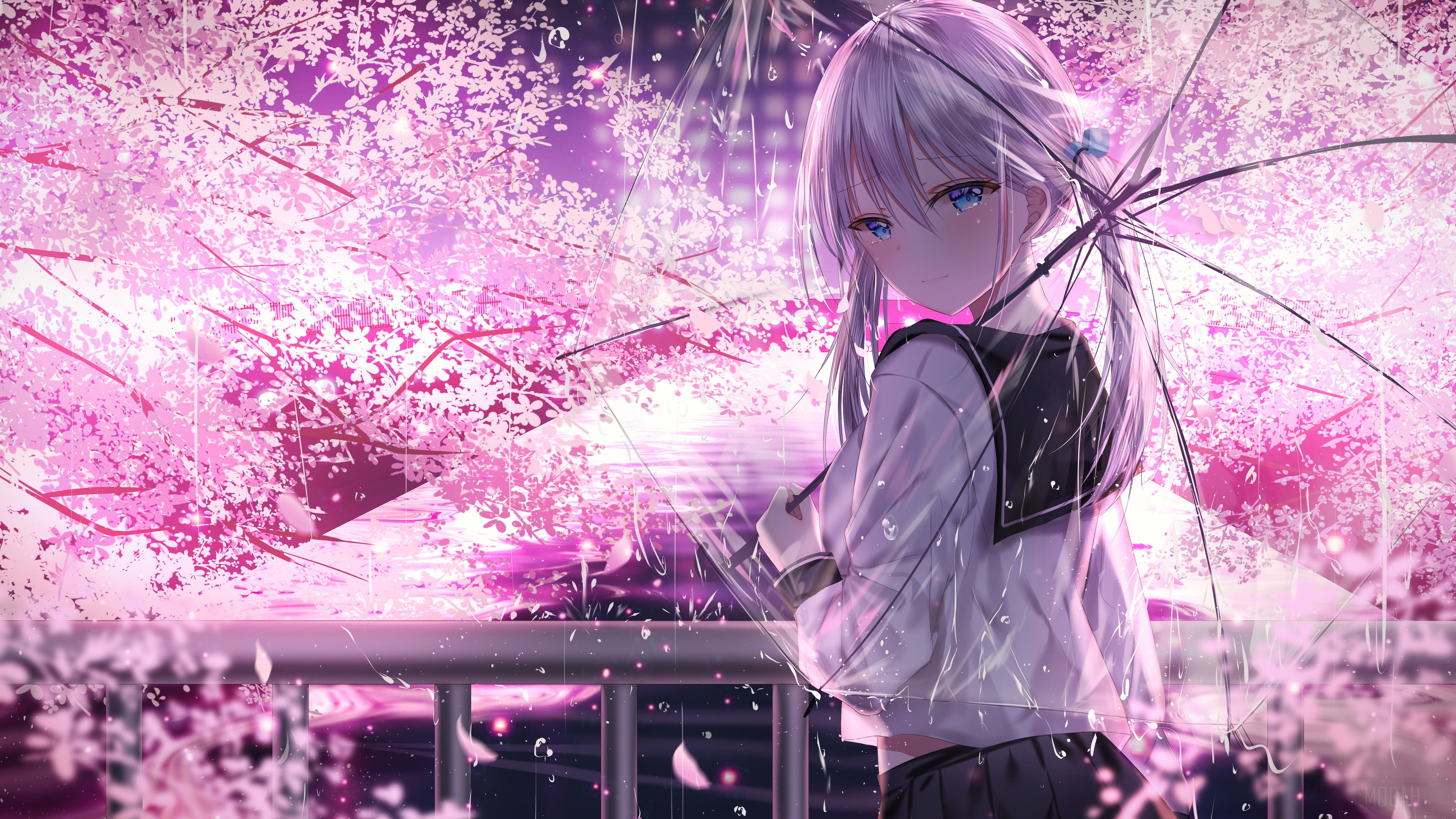 Anime Girl with Umbrella in Cherry Blossoms 4K HD Wallpaper