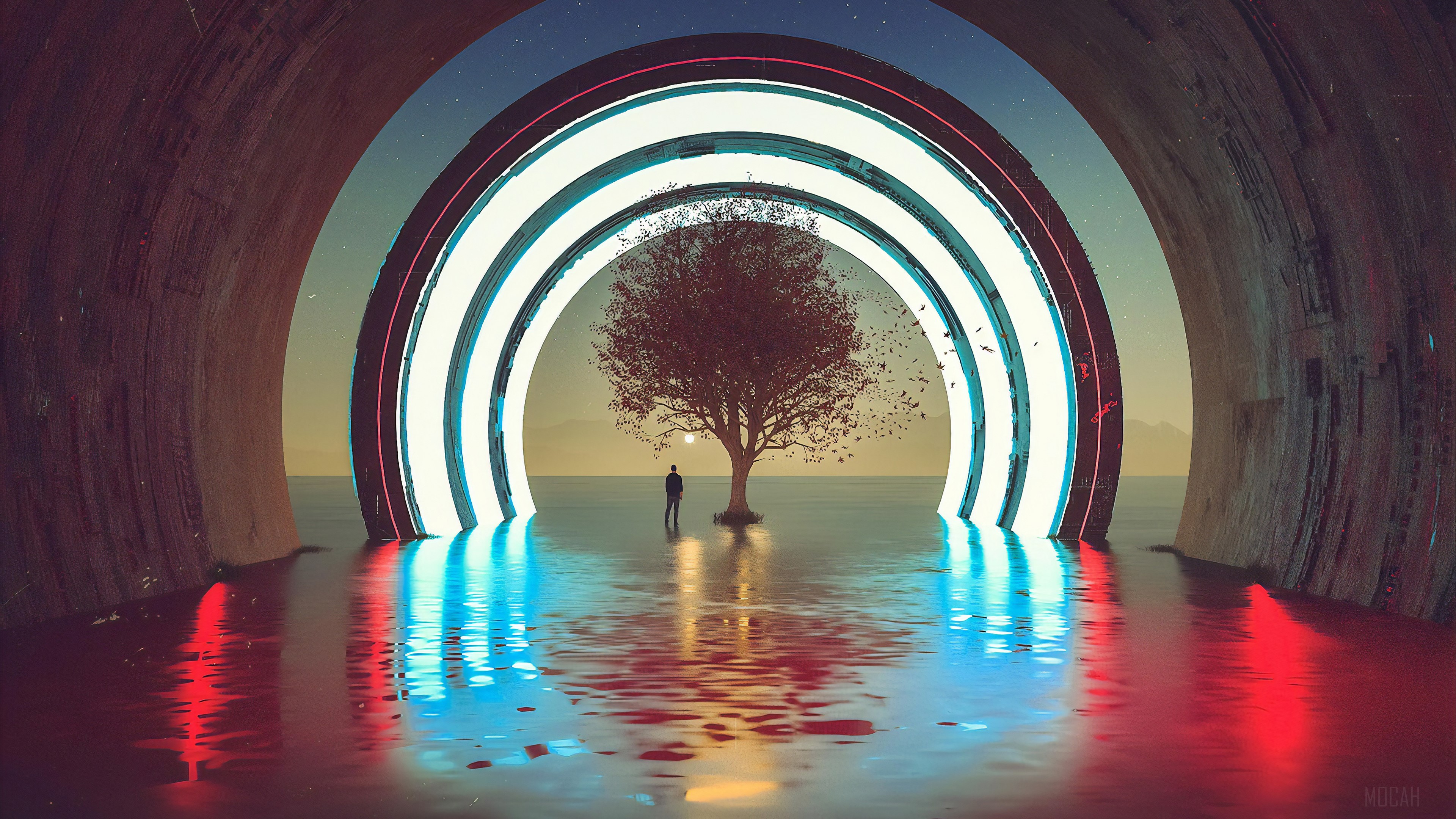 Man and tree in glowing archway 4K HD Wallpaper
