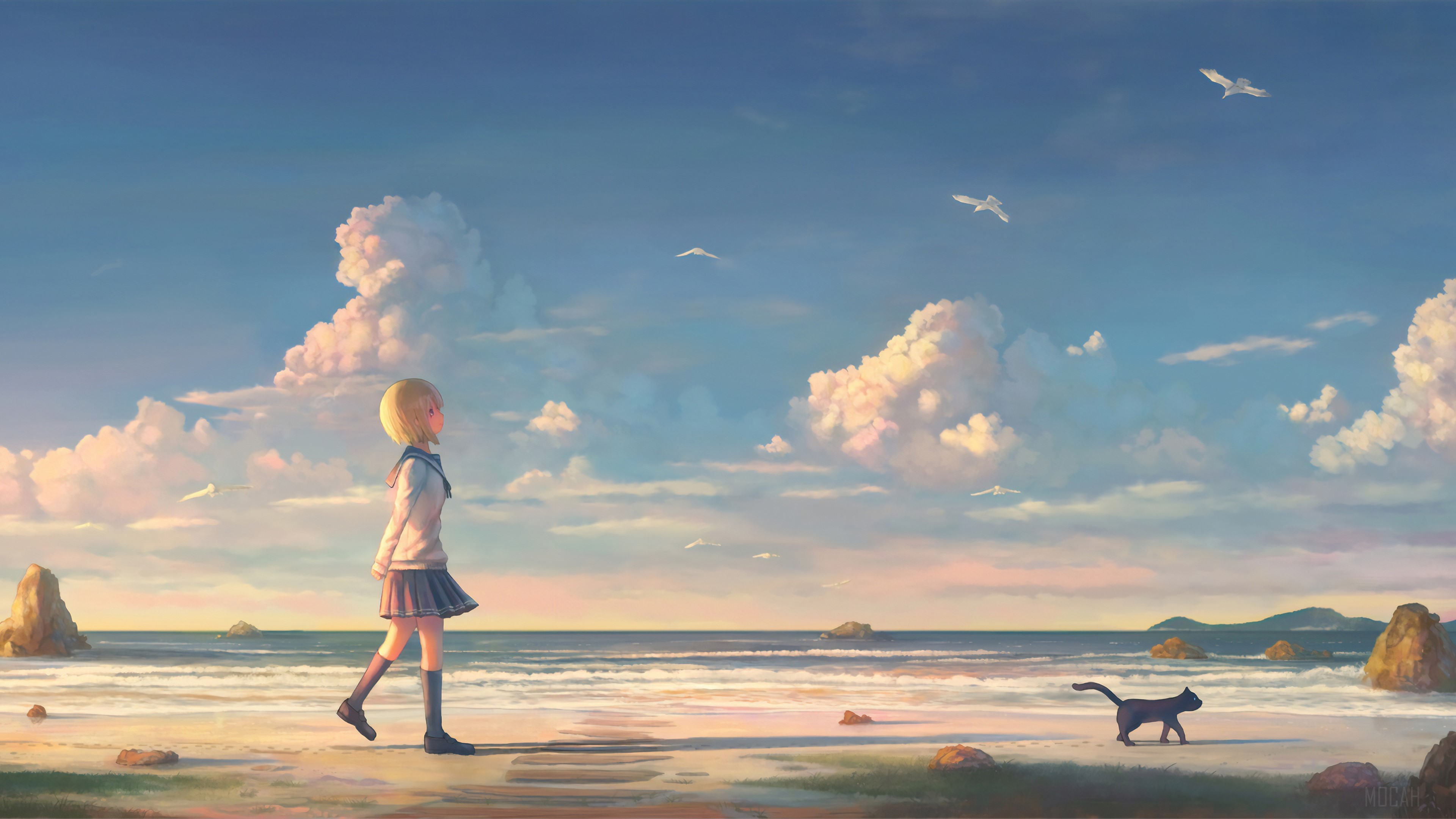 Anime Girl Walking On Beach With Cat HD Wallpaper