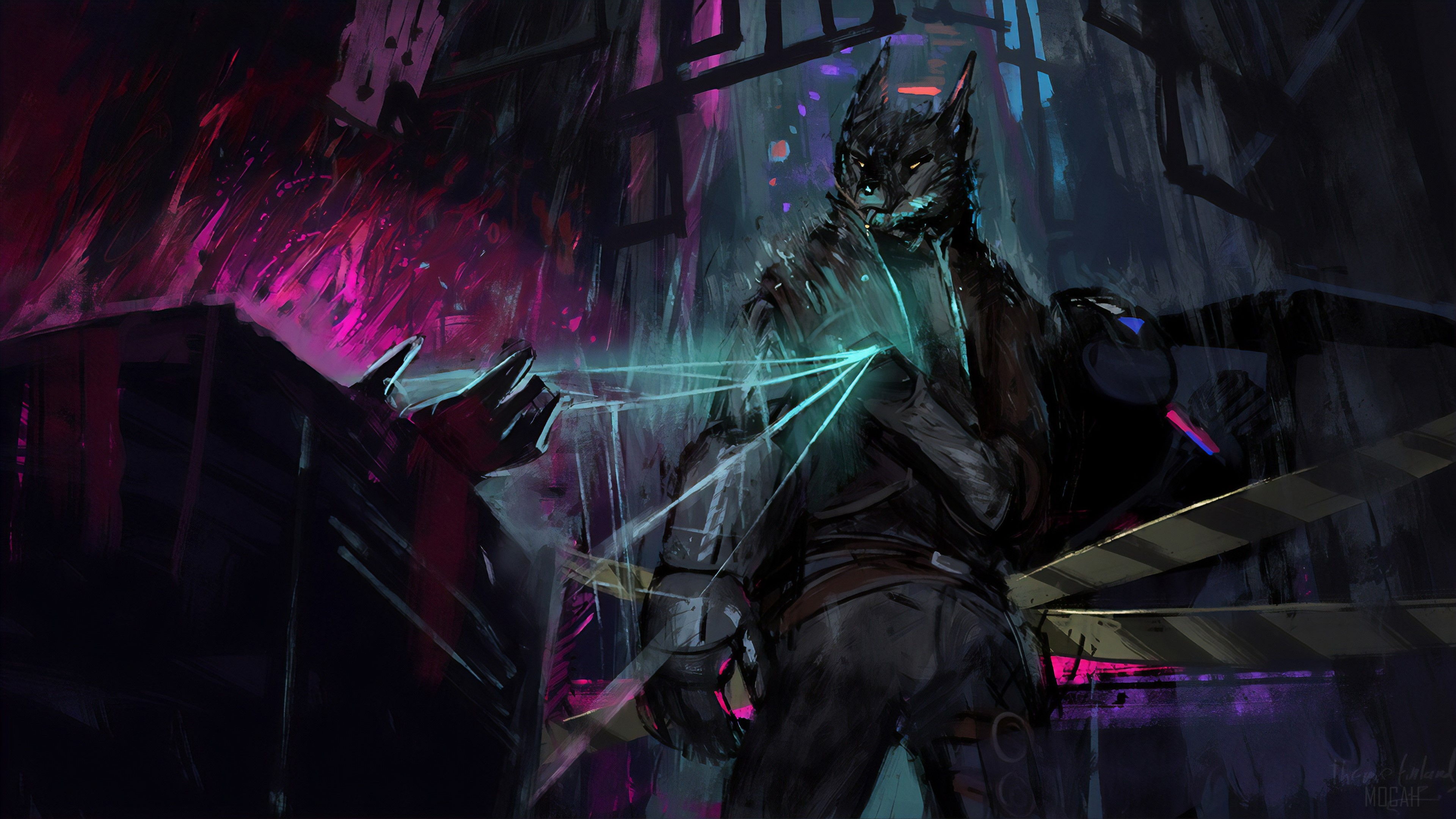 Anthropomorphic cat-like creature in a neon-lit crime scene 4K HD Wallpaper