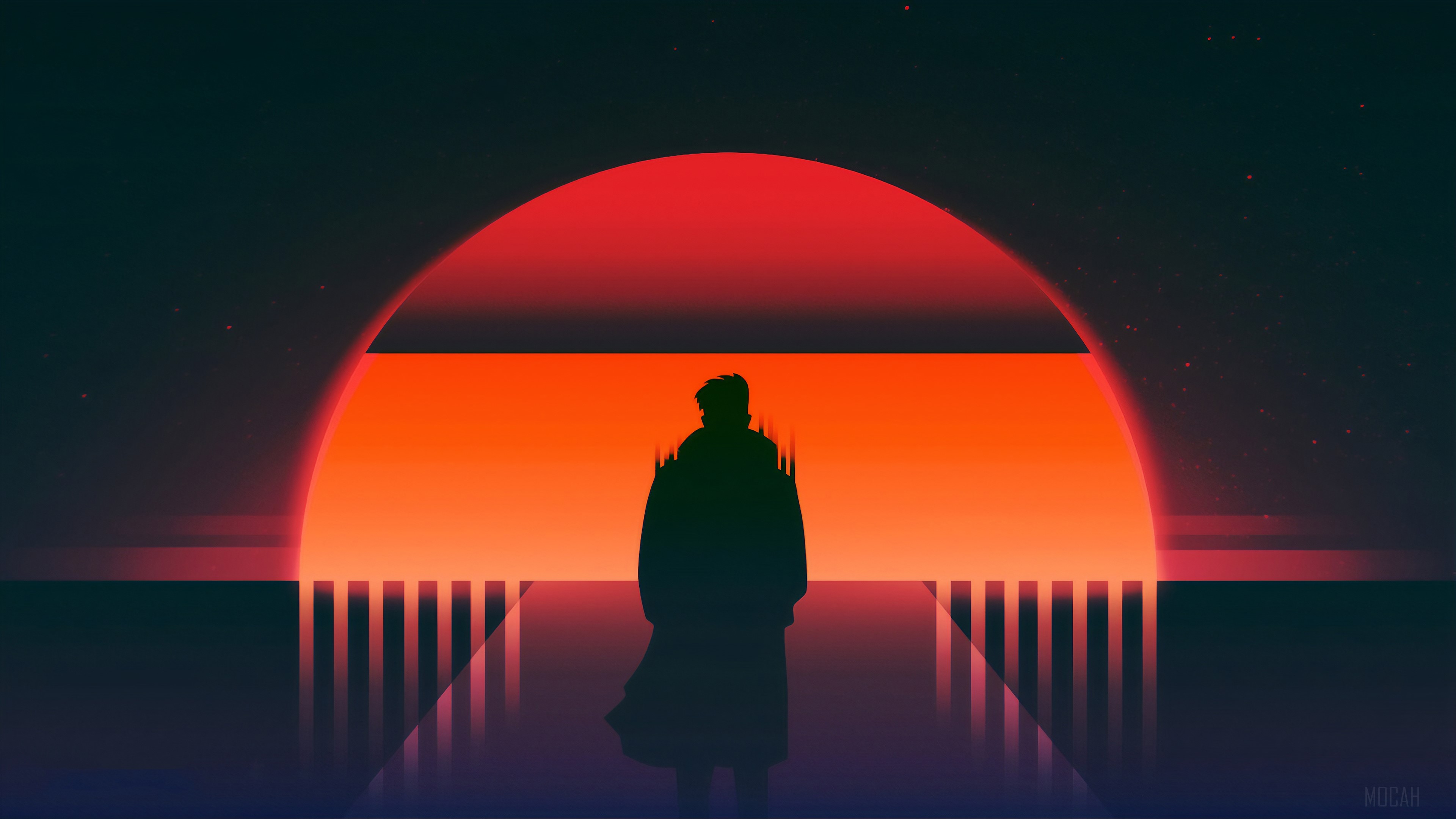 Silhouette walking away towards a large red sun HD Wallpaper