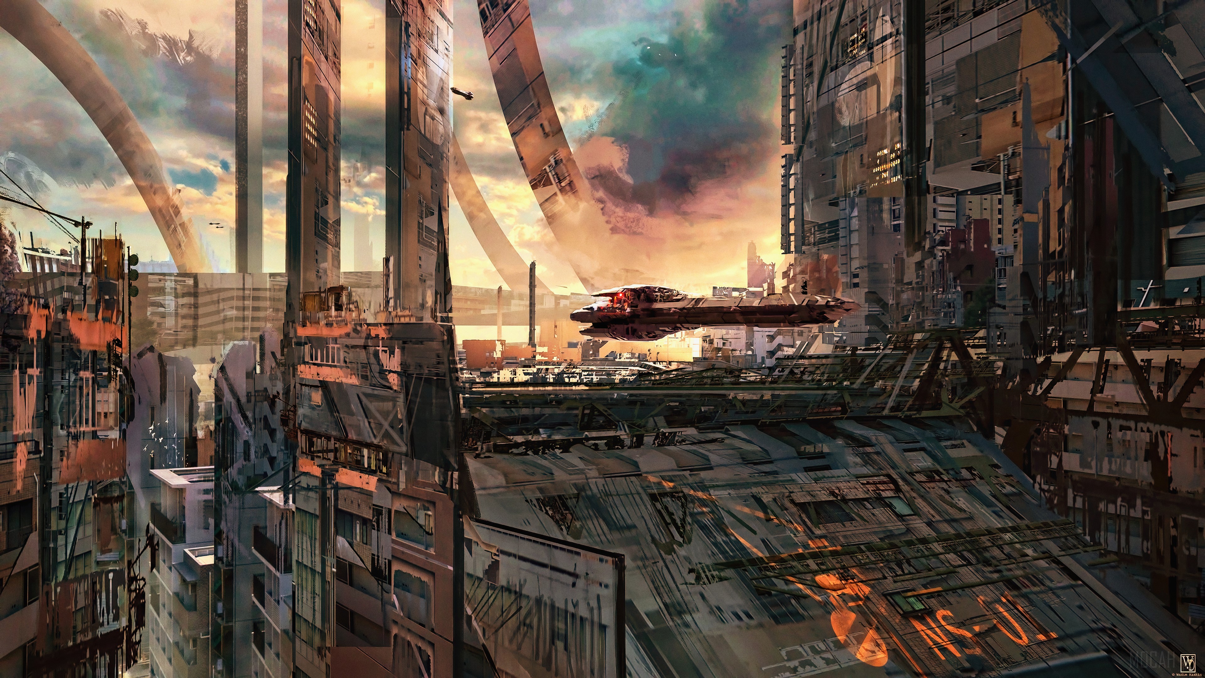 Spaceship flying over a futuristic city with ring structures HD Wallpaper