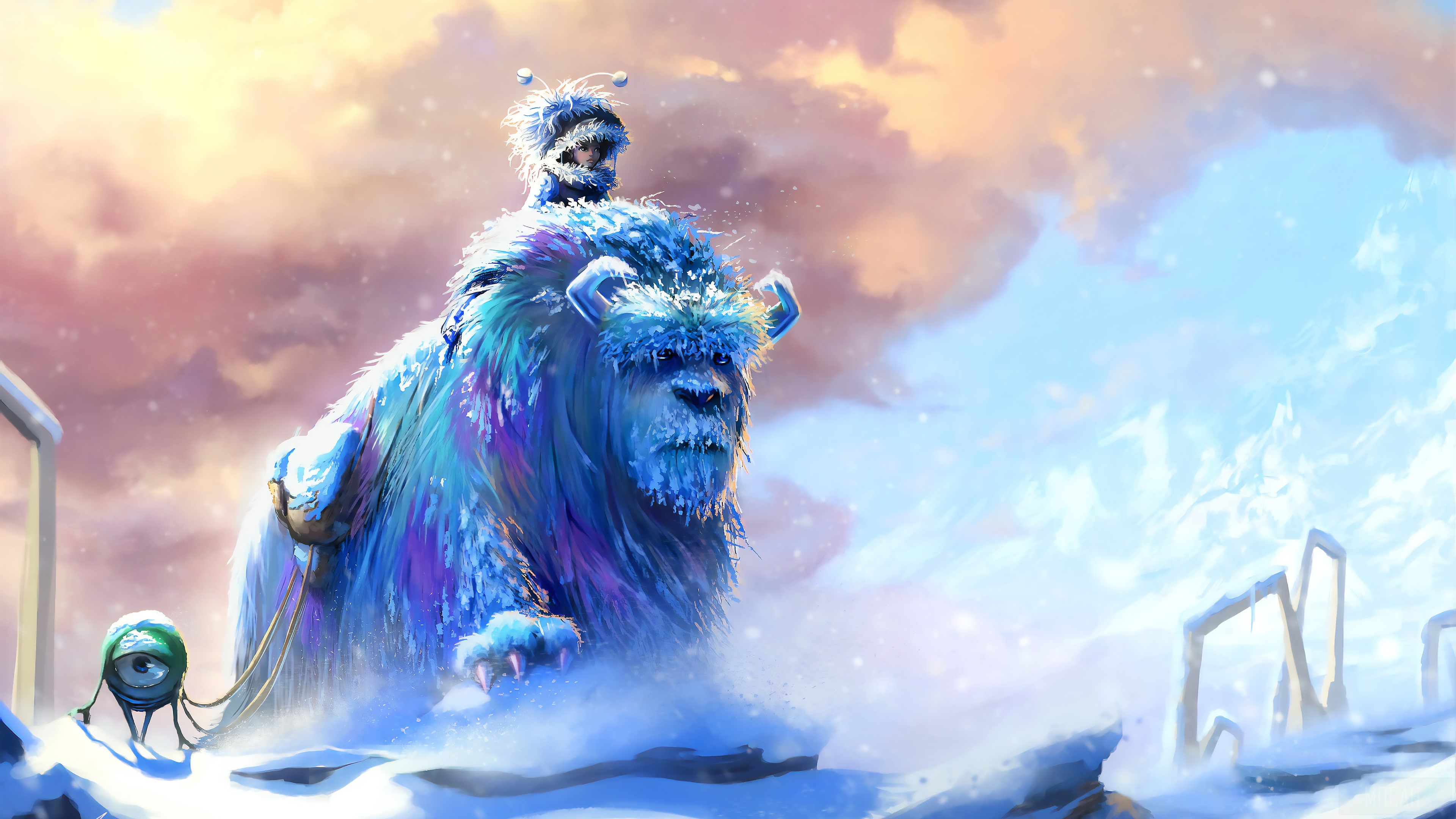 Sulley and Mike from Monsters, Inc. in a snowy landscape 4K HD Wallpaper