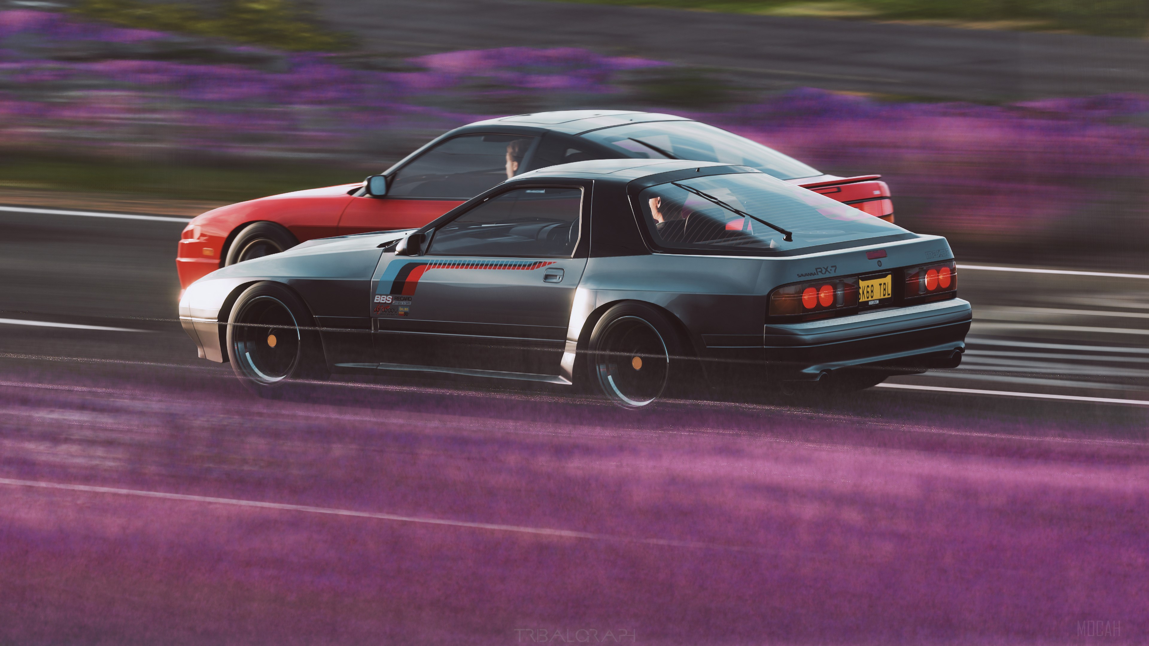 Two Mazda RX-7s racing in Forza Horizon 4K HD Wallpaper