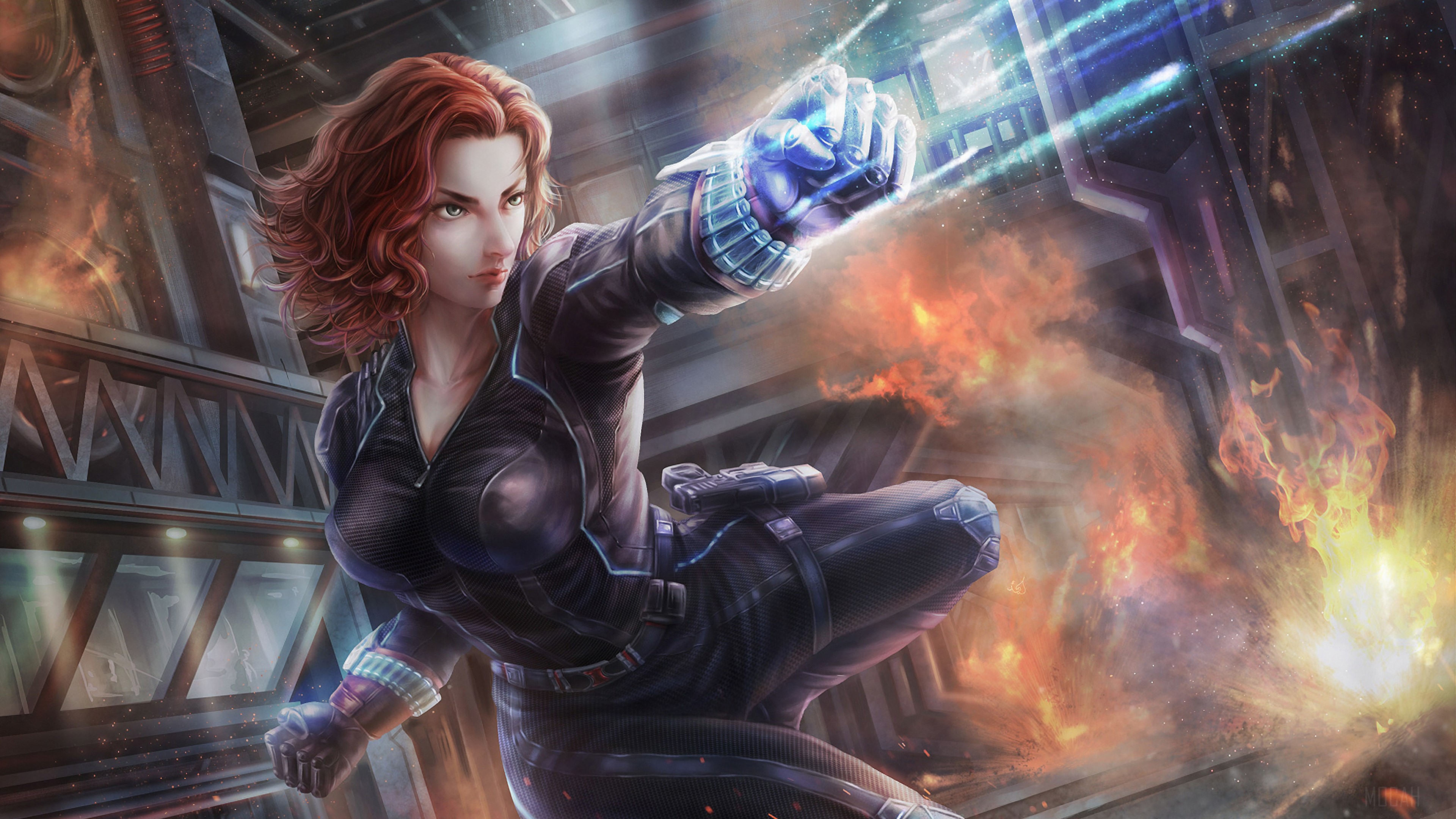 Black Widow in action with explosions HD Wallpaper