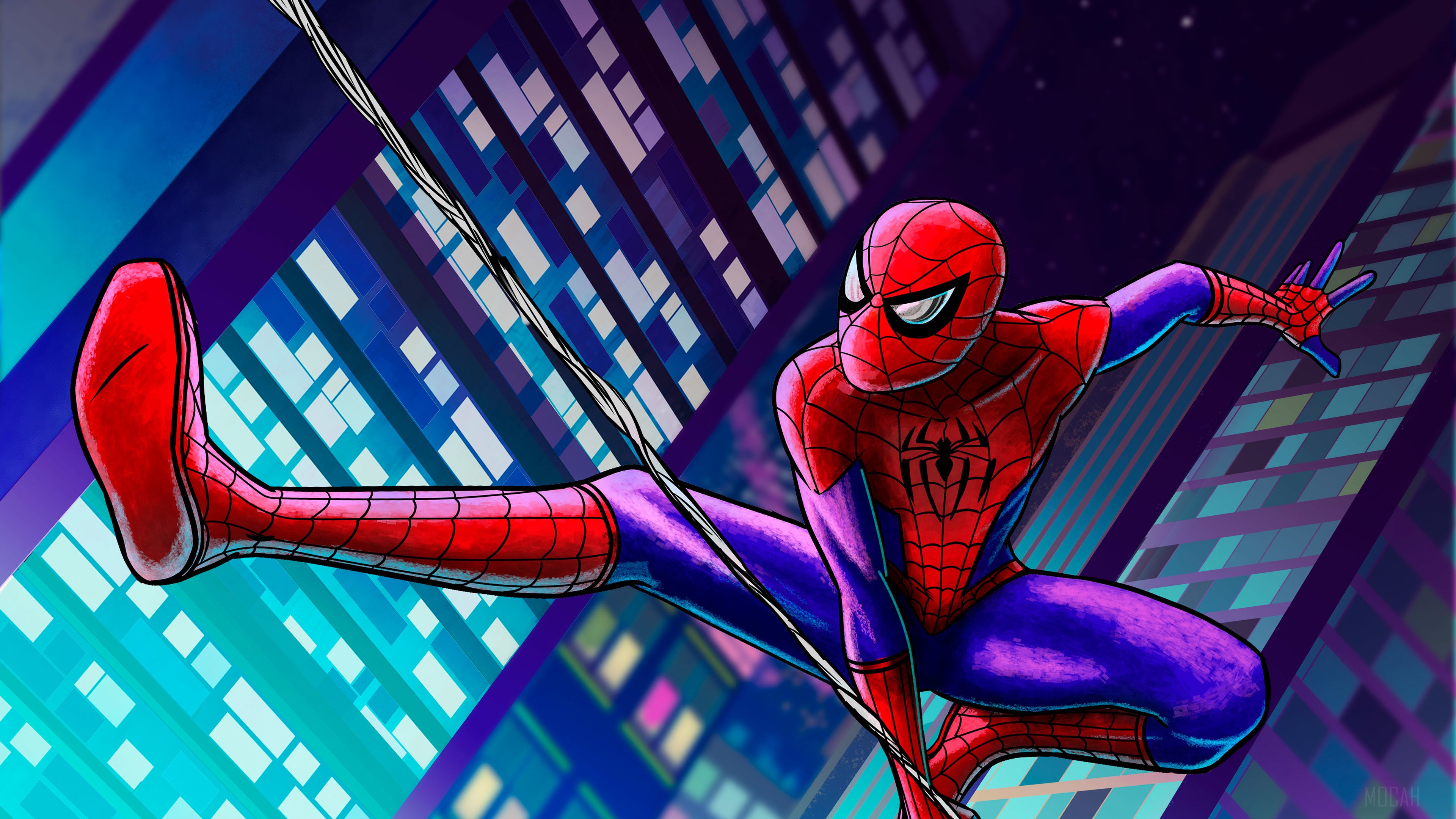 Spider-Man swinging through a city at night 4K HD Wallpaper
