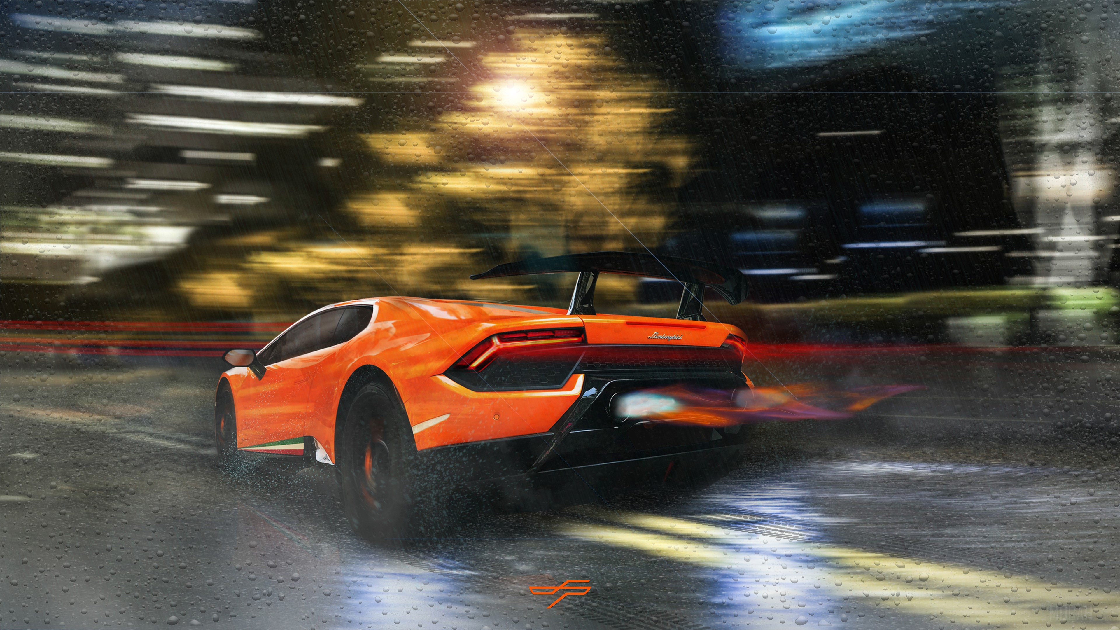 Orange Lamborghini Huracan Performante driving in rain HD Wallpaper