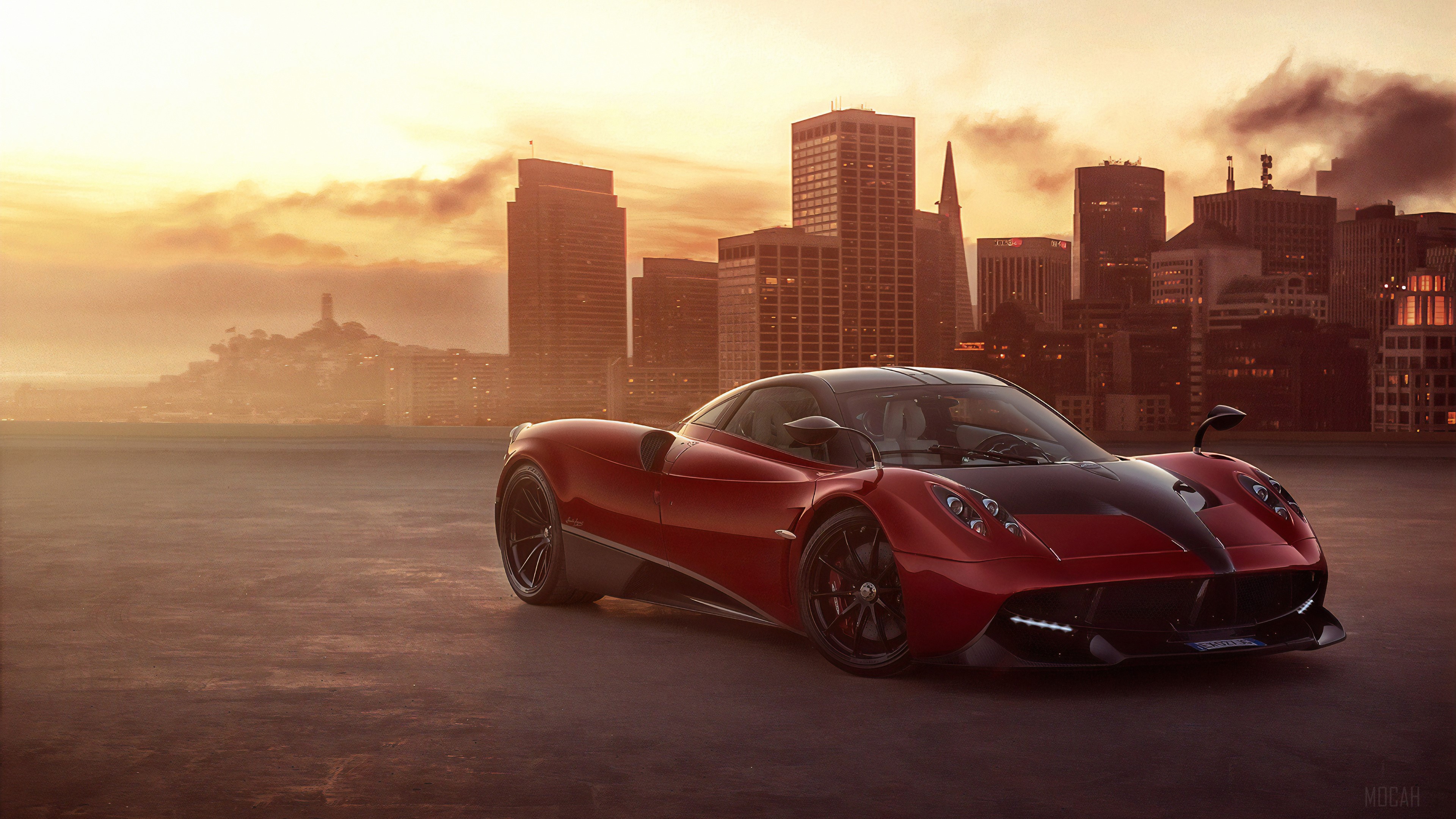 Red Pagani Huayra in San Francisco at sunset HD Wallpaper