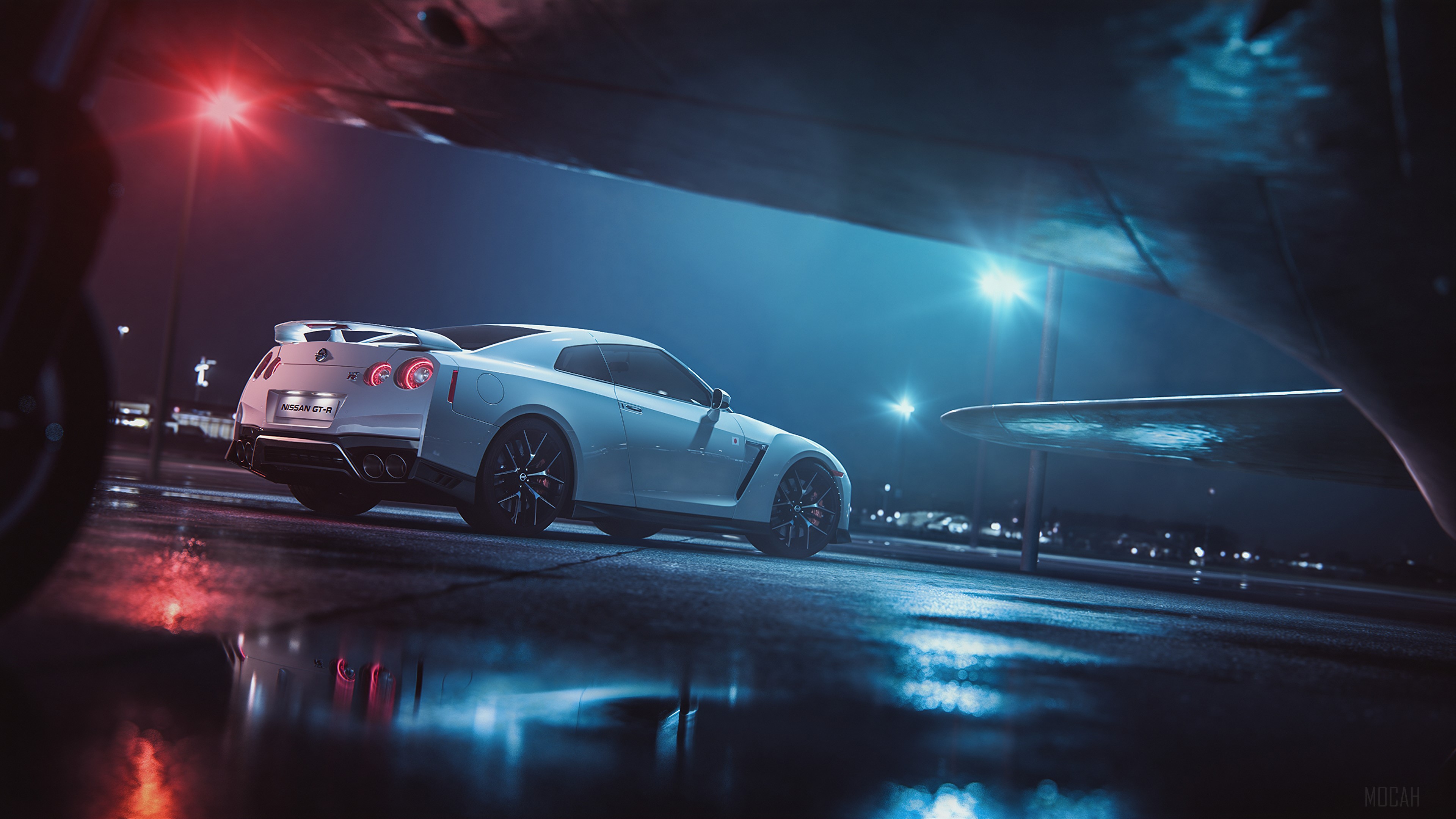 White Nissan GT-R under an airplane at night HD Wallpaper