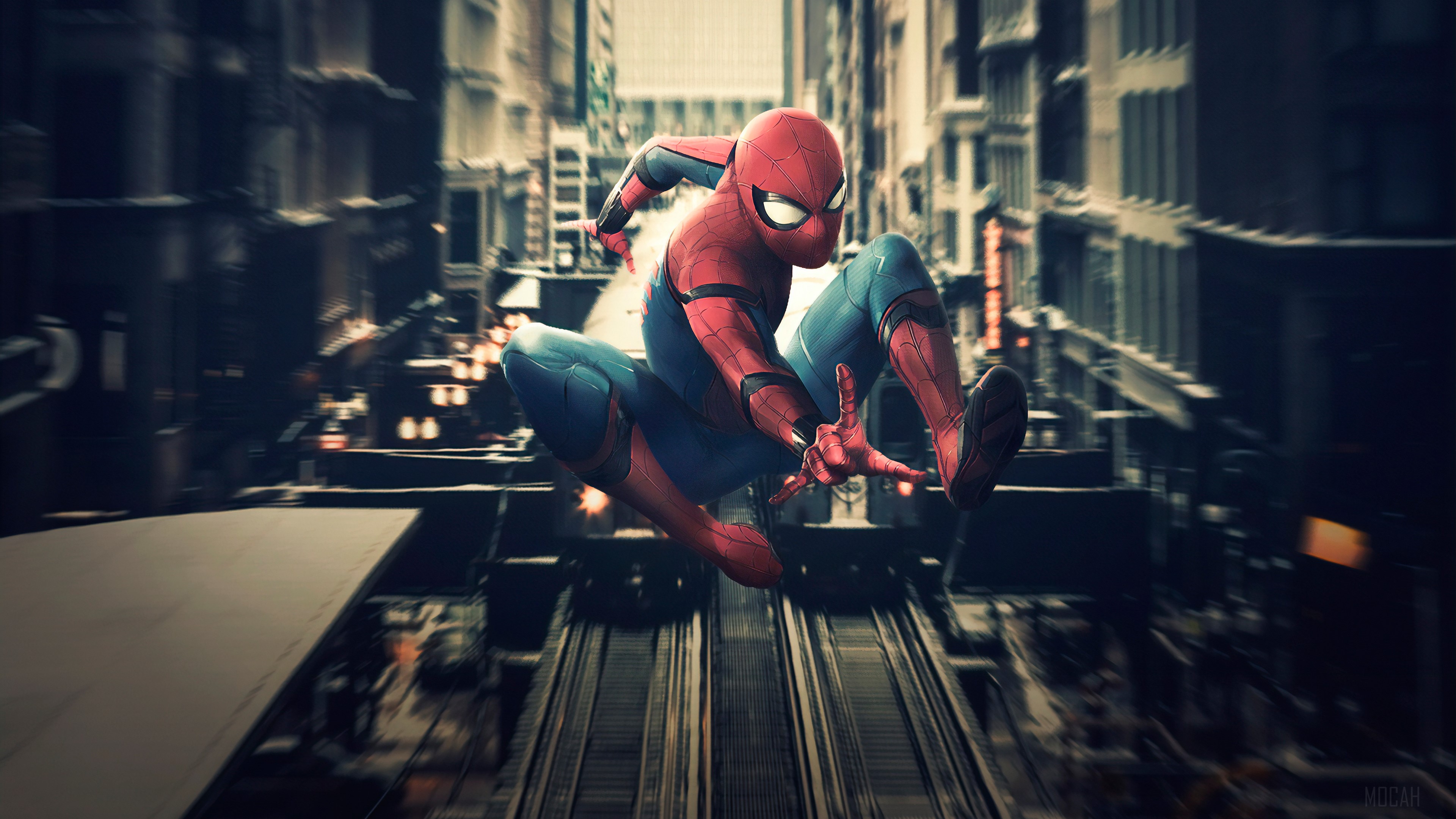 Spider-Man in action in a city 4K HD Wallpaper