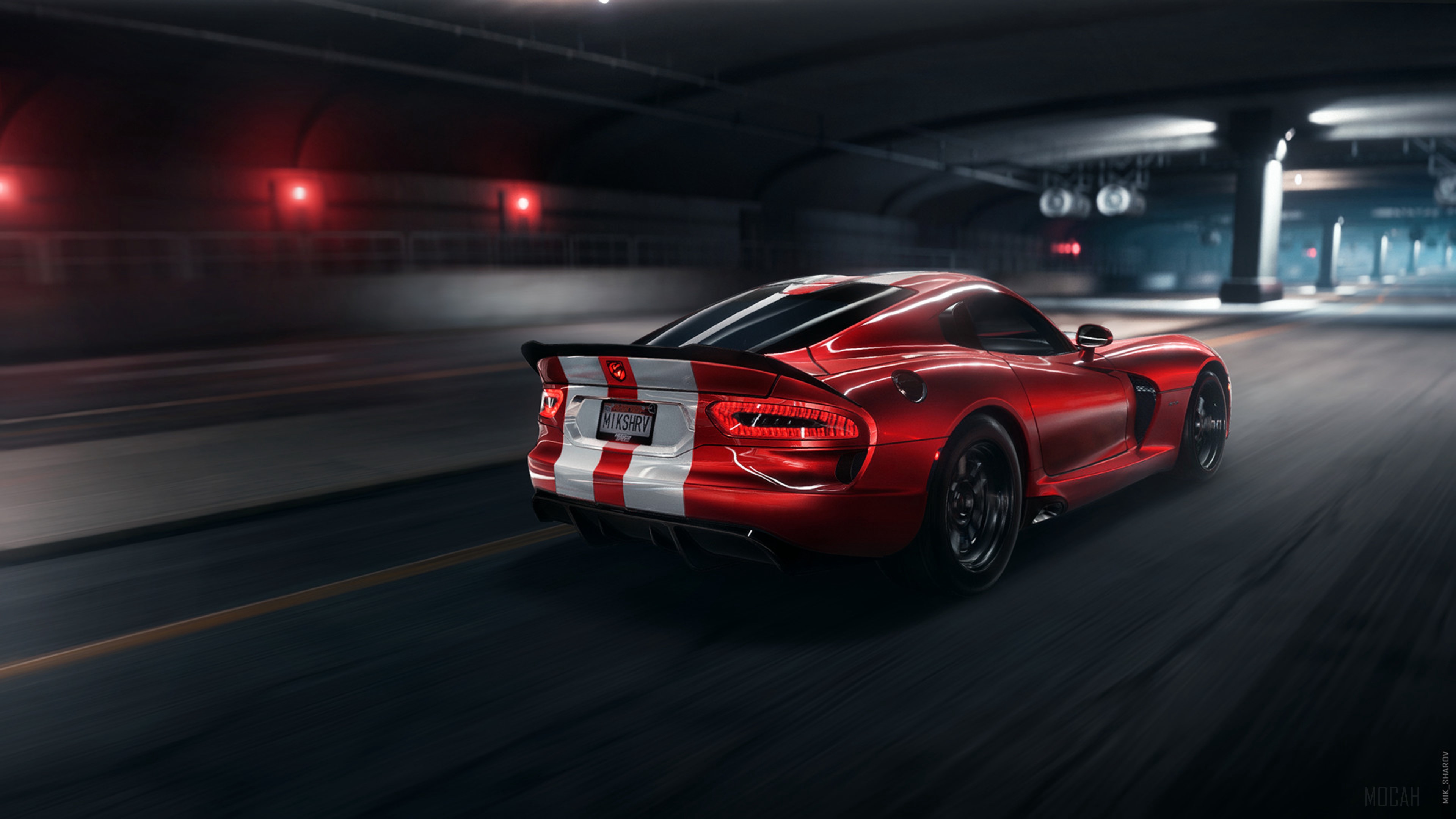 Red Dodge Viper with white stripes 4K HD Wallpaper