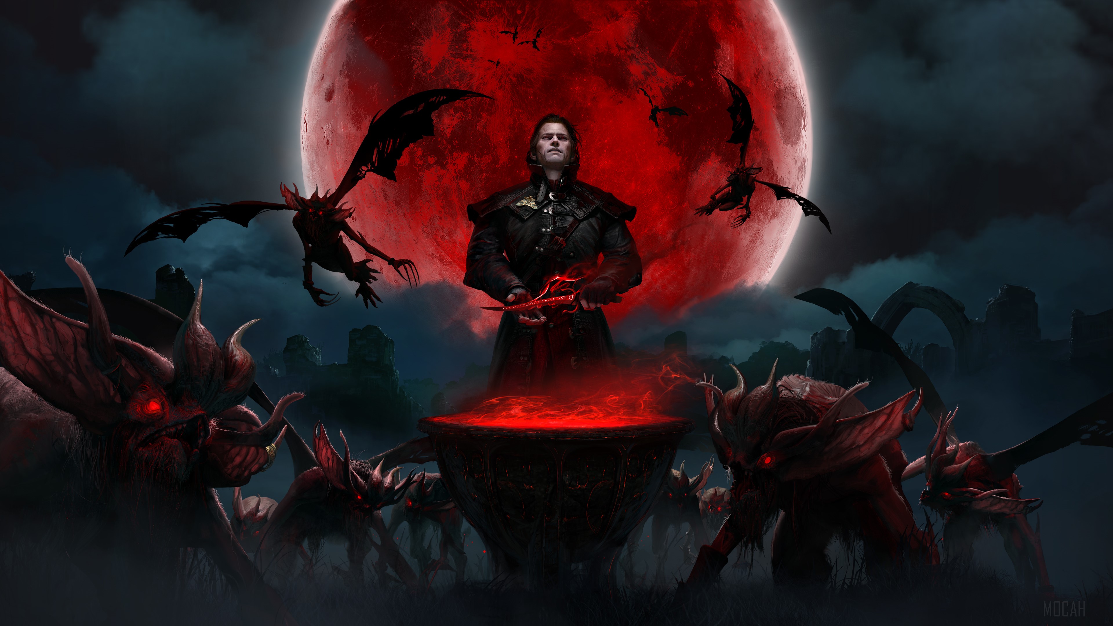 Geralt from The Witcher with monsters under a blood moon 4K HD Wallpaper