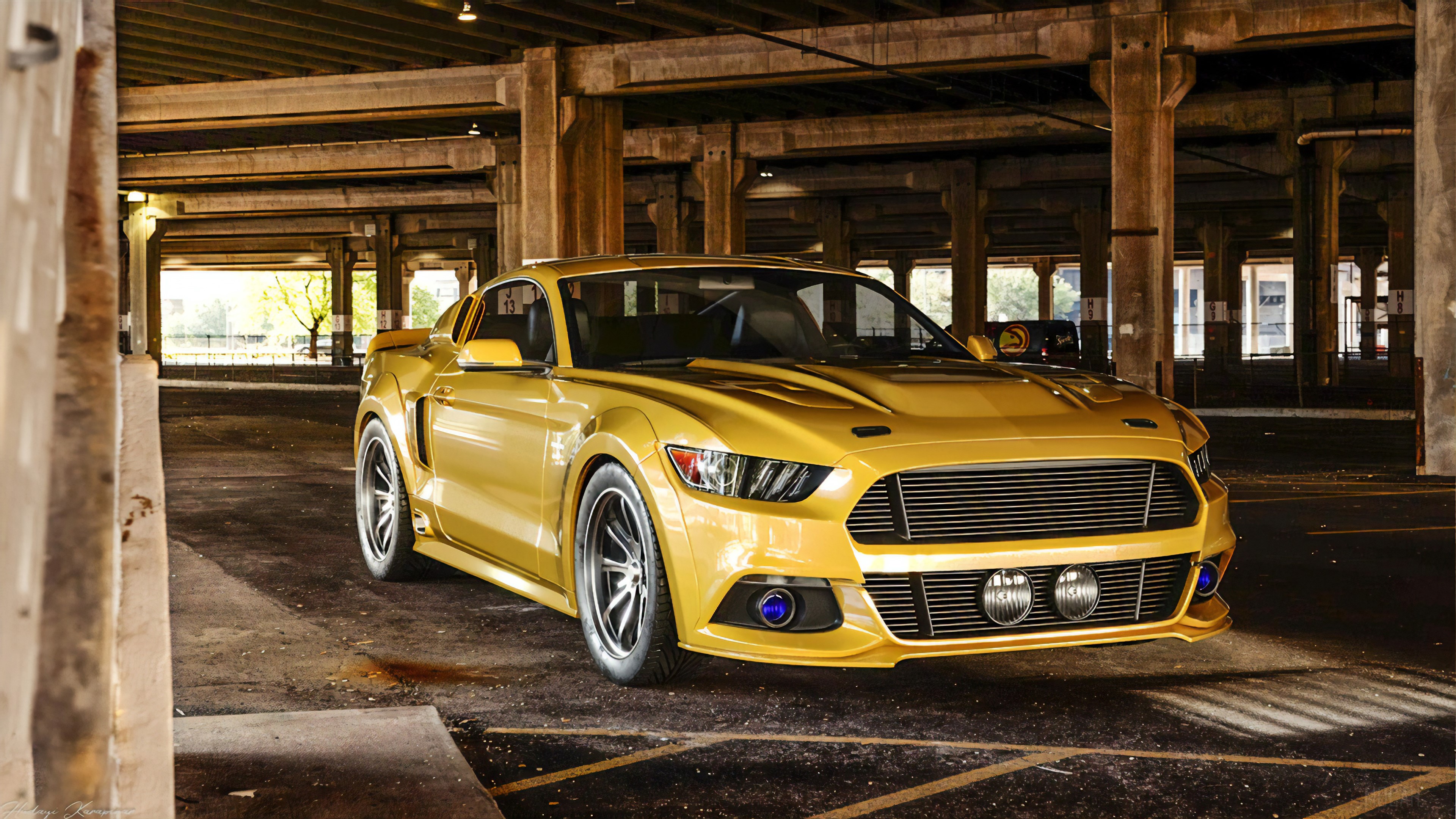 Yellow Ford Mustang in Parking Garage HD Wallpaper