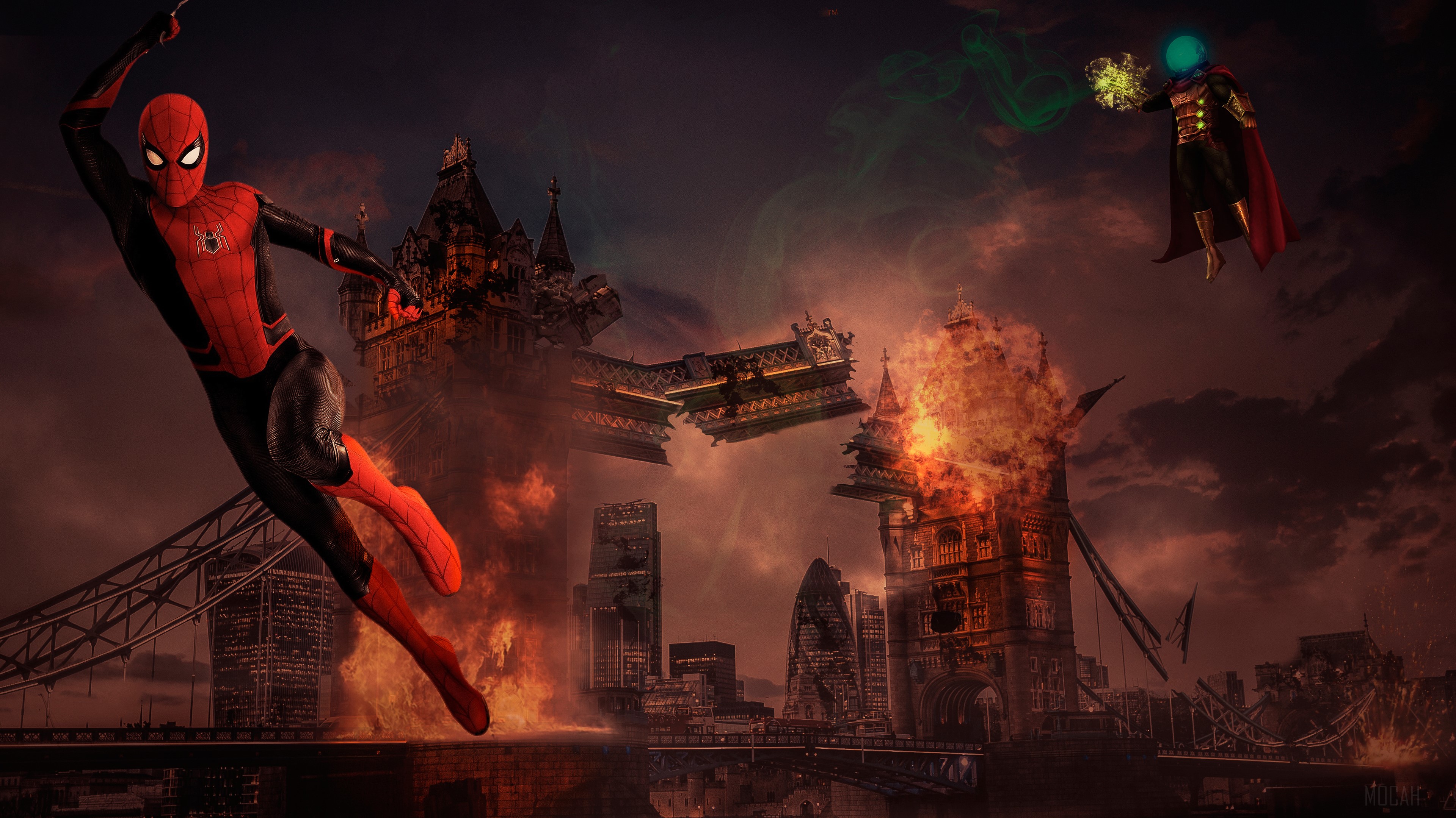 Spider-Man vs Mysterio in a burning London 4K HD Wallpaper