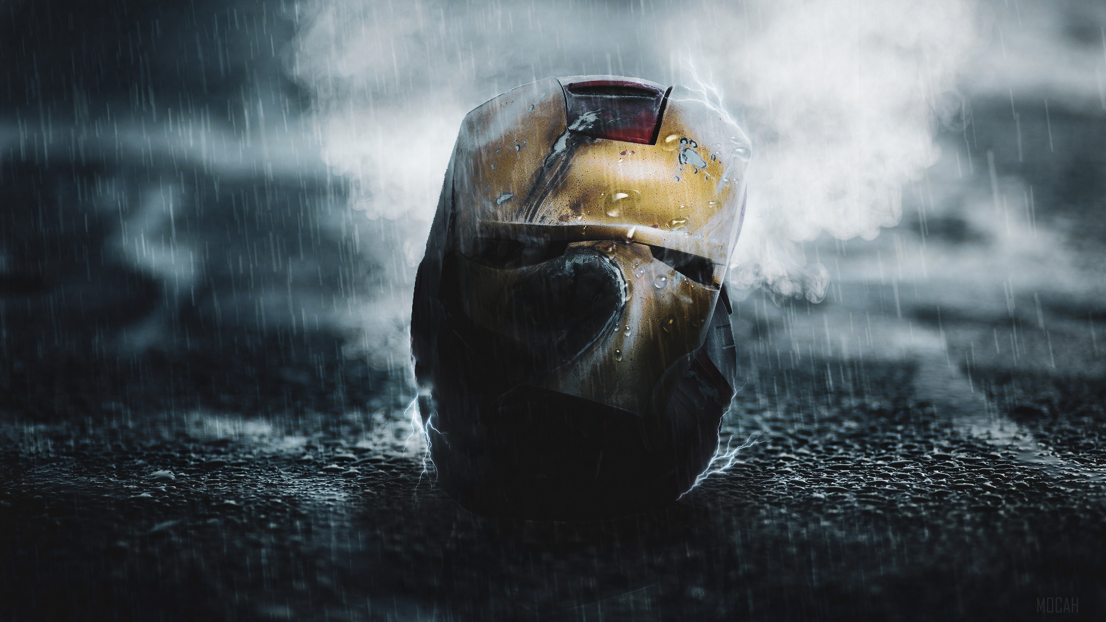 Iron Man Helmet in Rain 4K HD Wallpaper