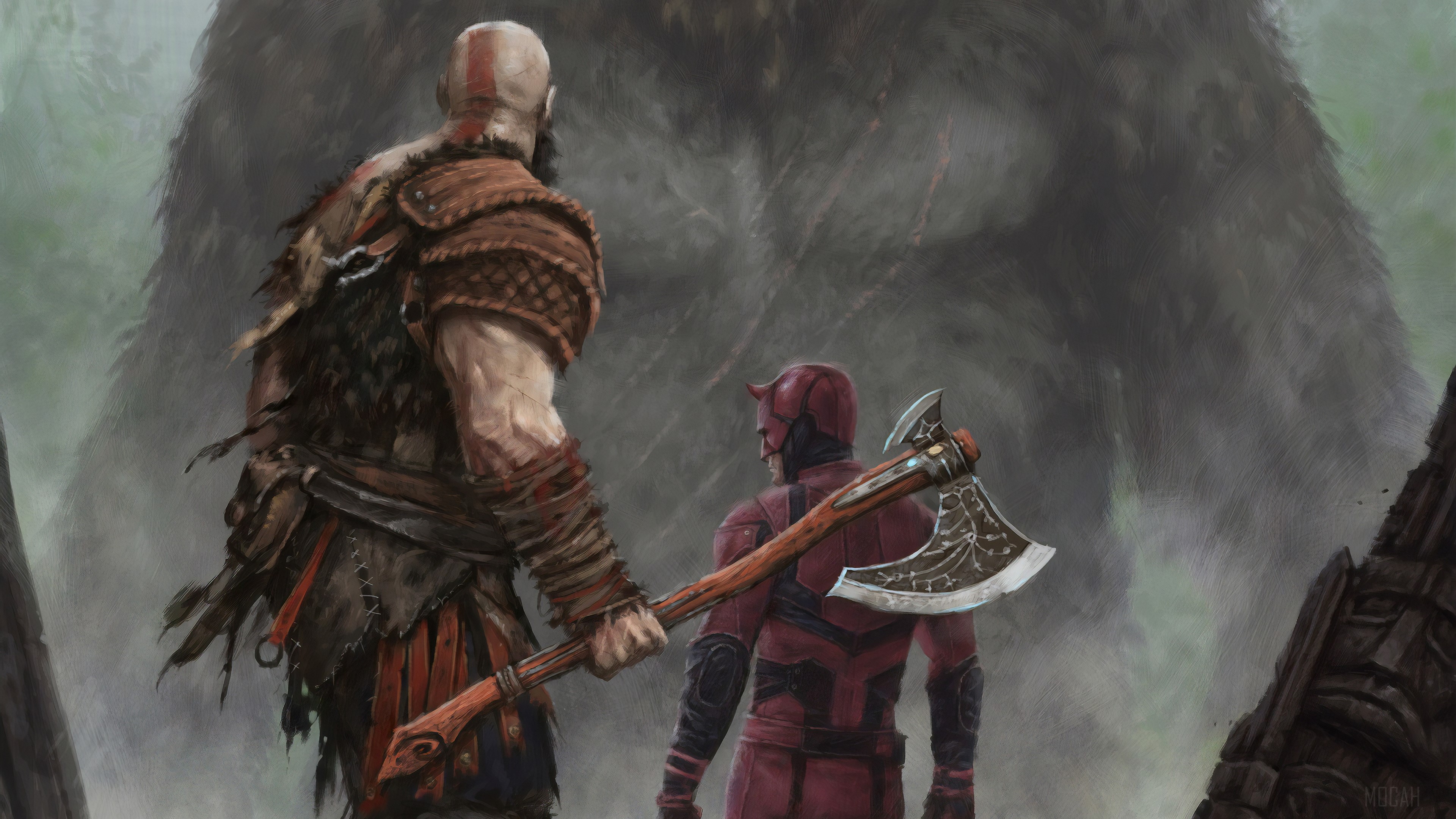 Kratos and Daredevil face King Kong 4K HD Wallpaper