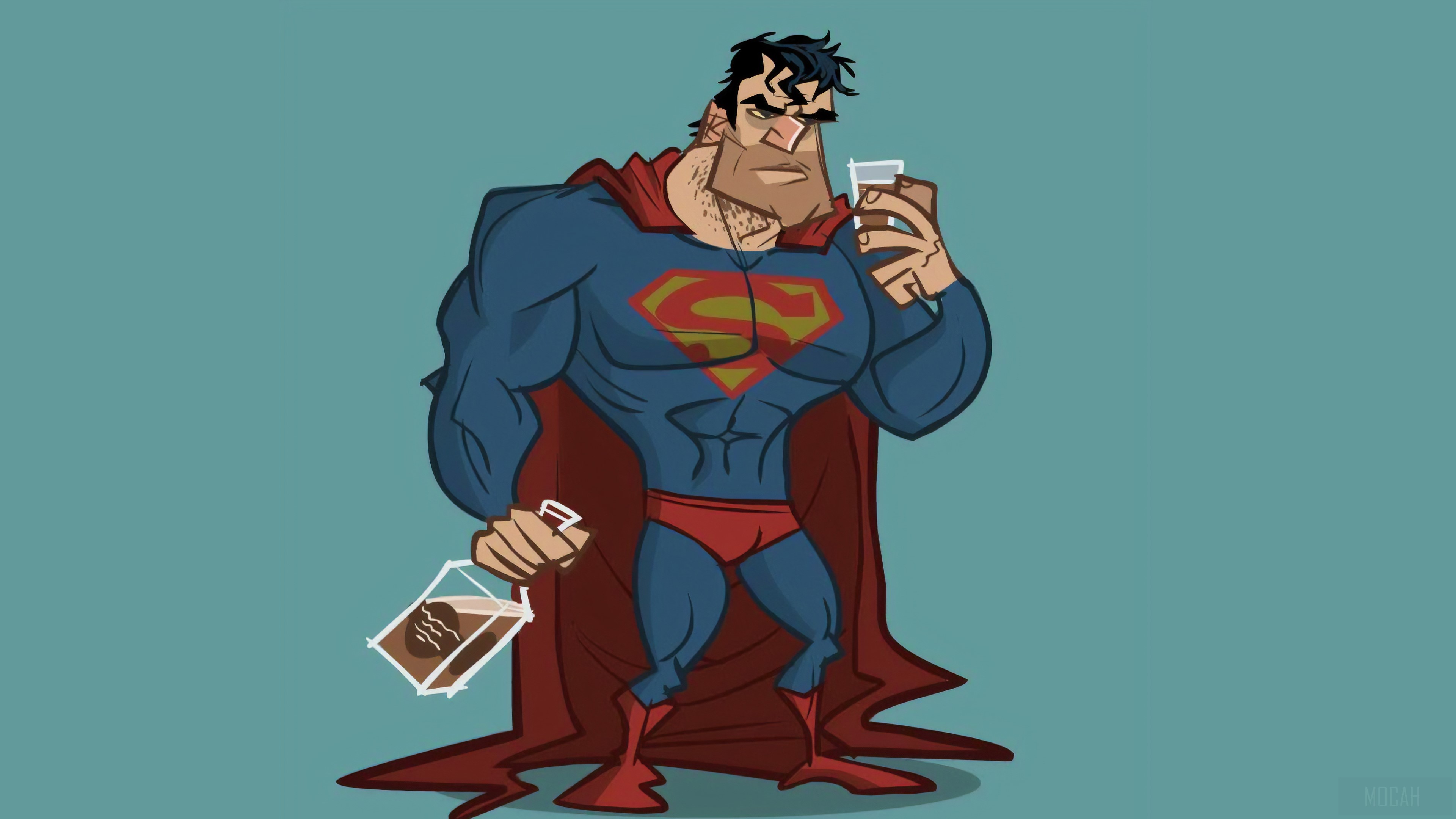 Superman holding a drink and a coffee cup HD Wallpaper
