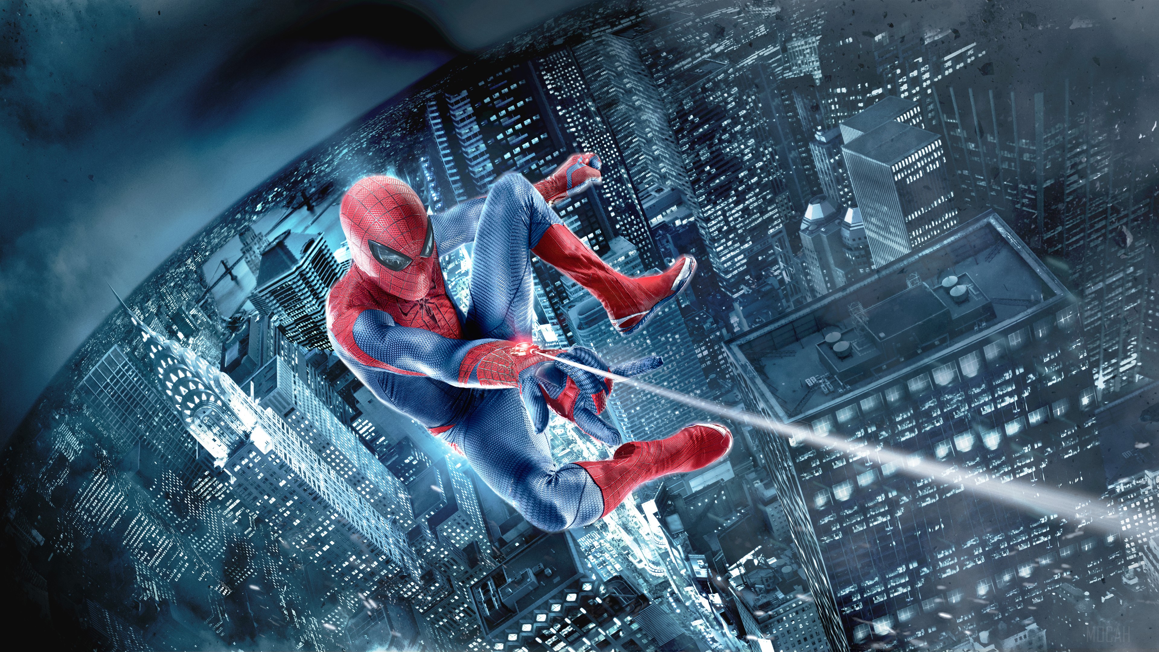 The Amazing Spider-Man swinging through a city at night 4K HD Wallpaper