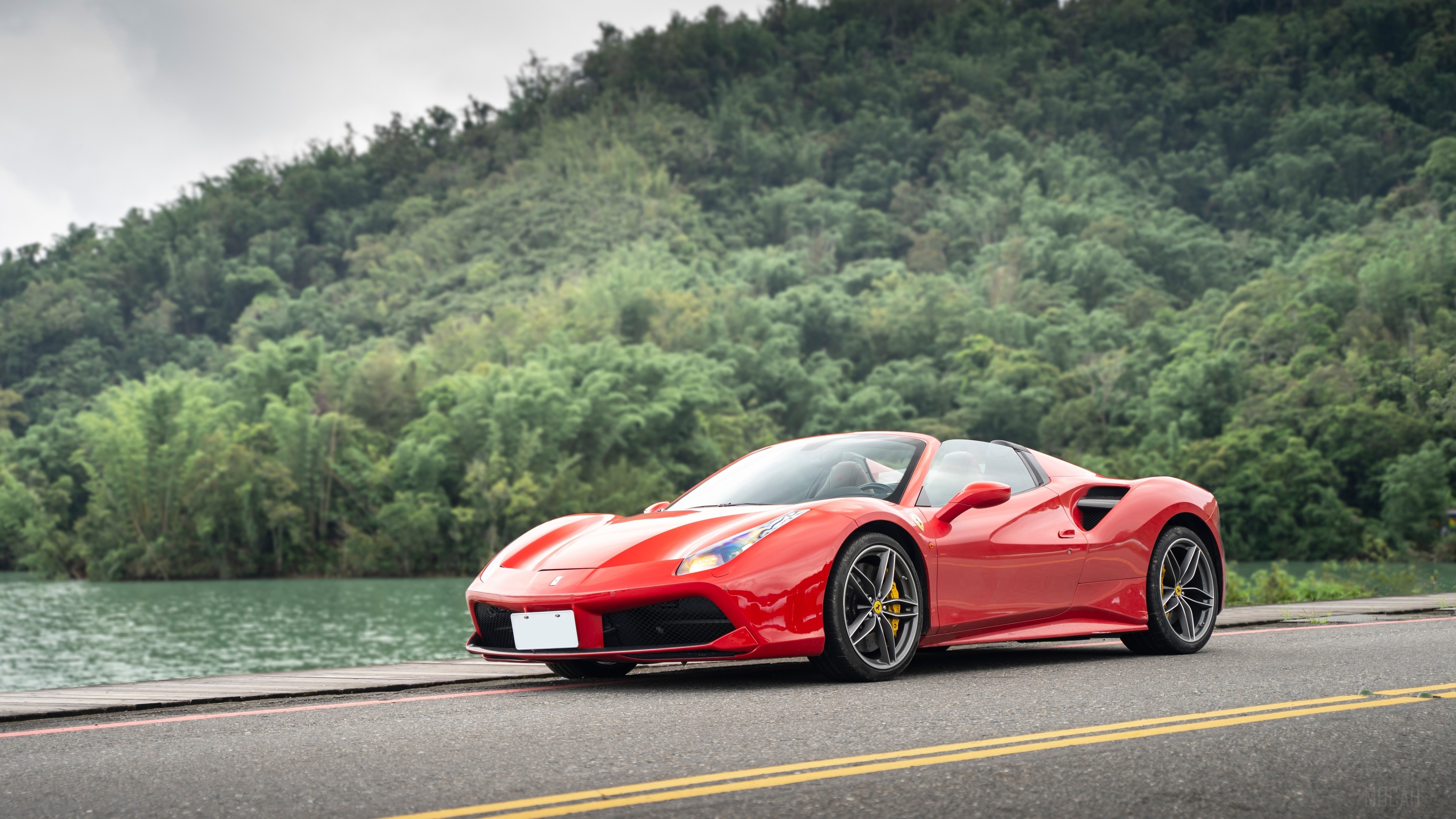Red Ferrari 488 Spider by a lake HD Wallpaper
