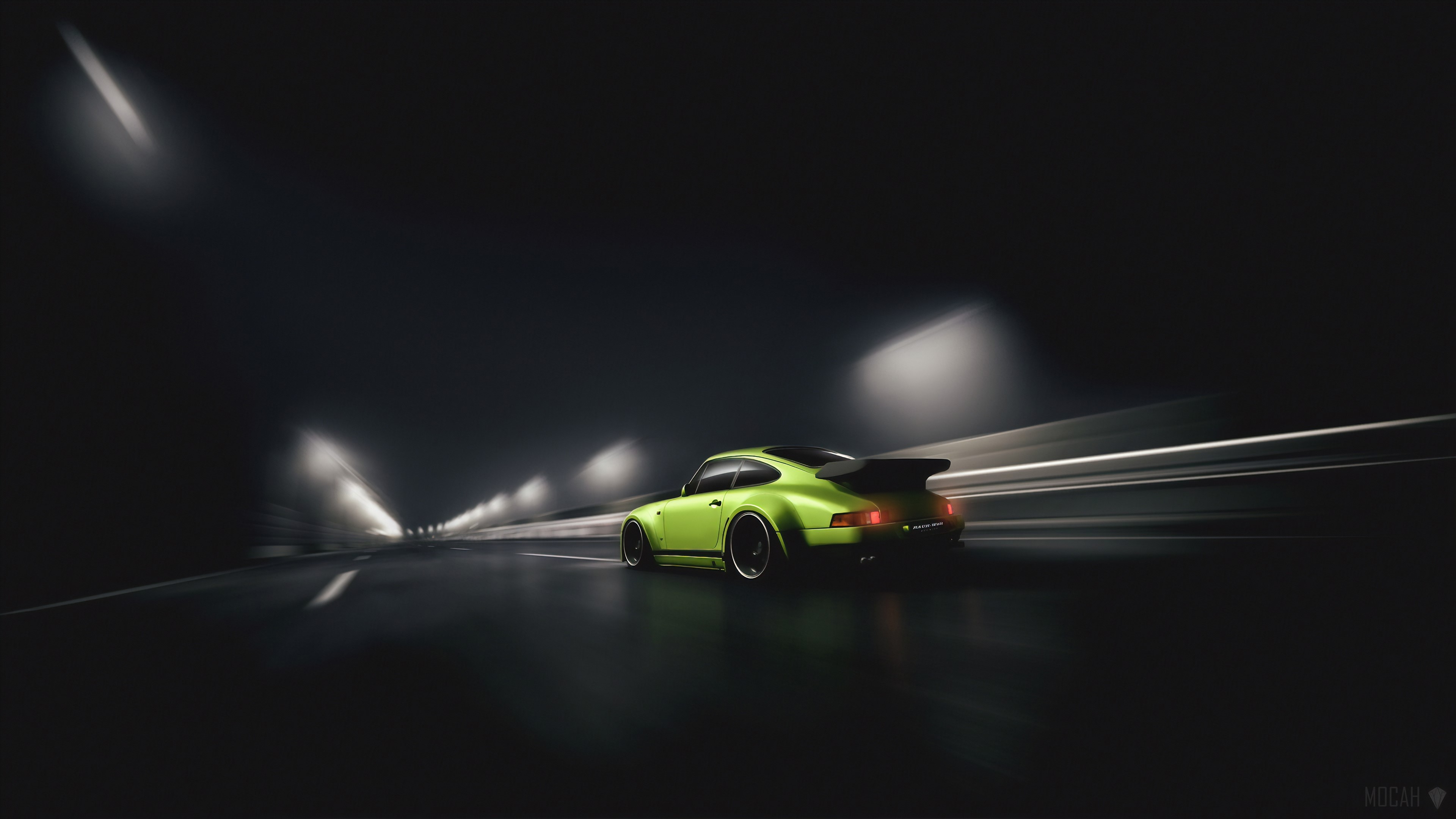 Green Porsche 930 driving through a dark tunnel 4K HD Wallpaper