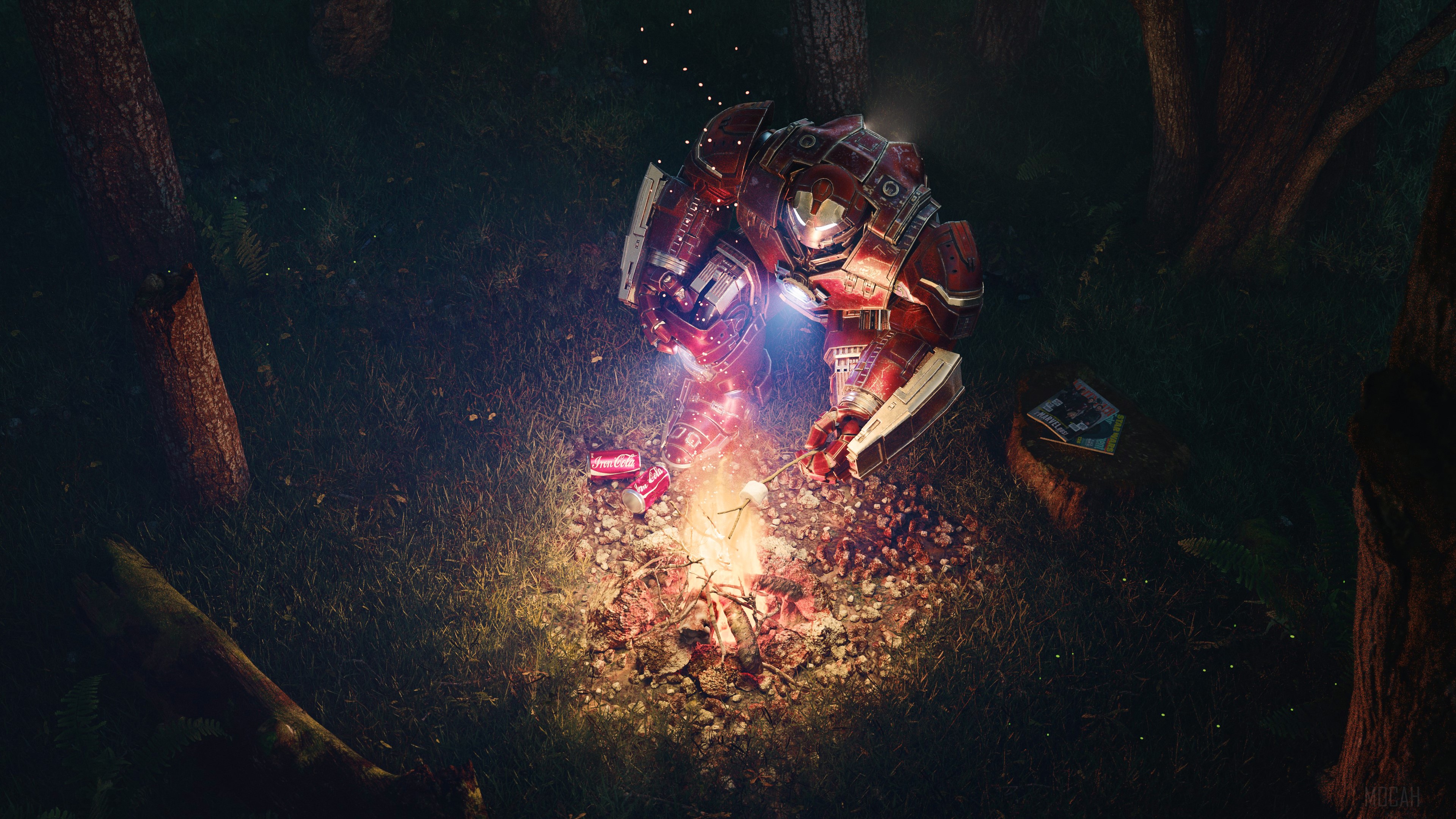 Hulkbuster roasting marshmallow over campfire in forest 4K HD Wallpaper